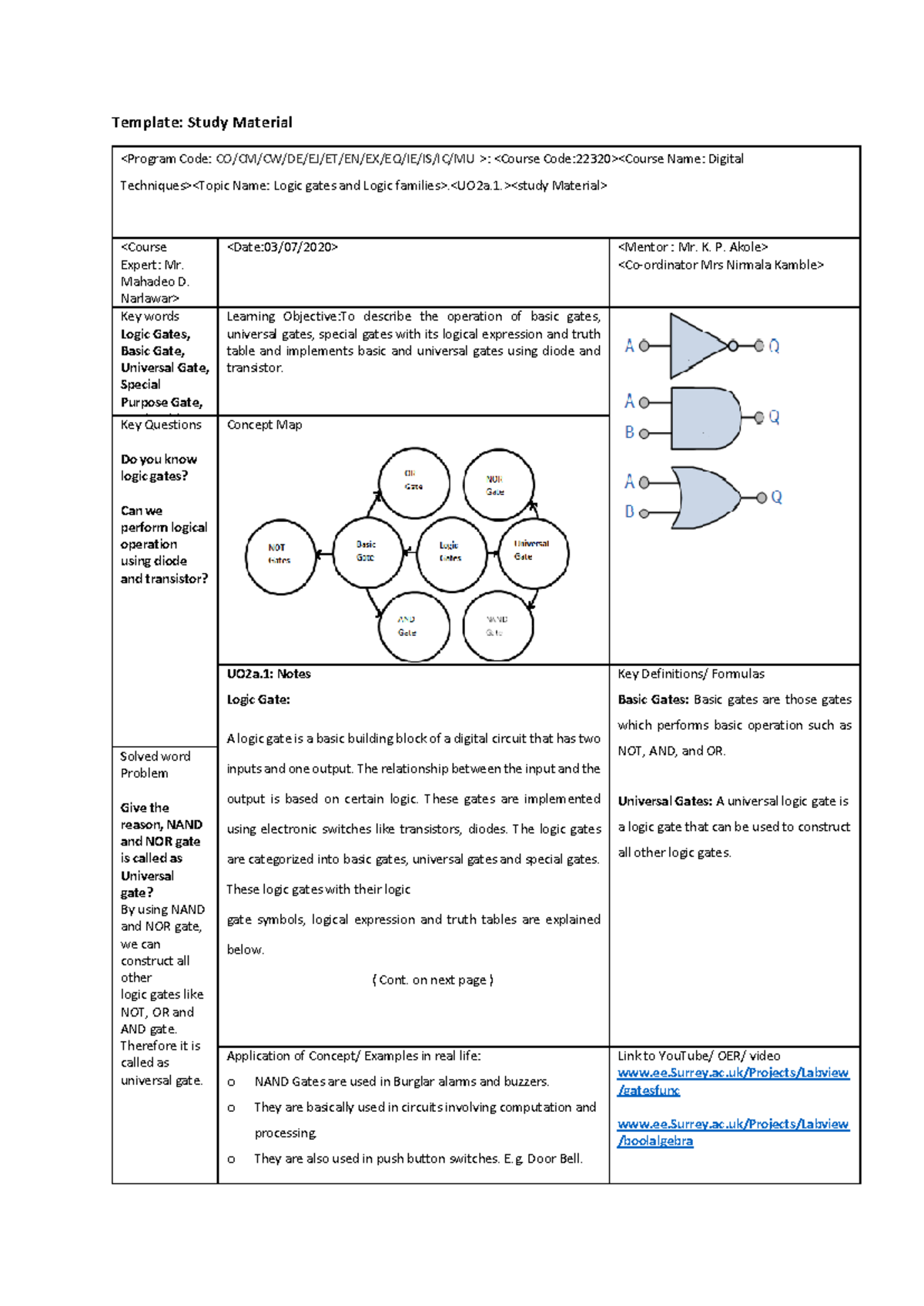 Logic gates - Digital techniques and Microprocessor - Template: Study ...