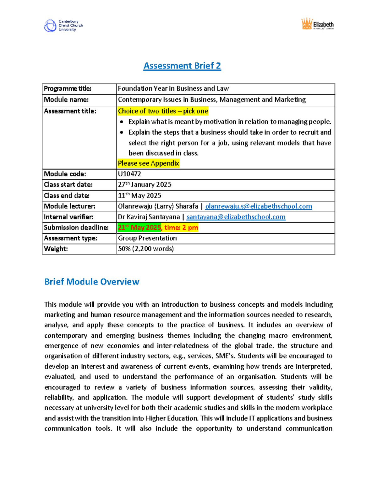 Assessment Brief 2 Cibmm - Assessment Brief 2 Programme title ...