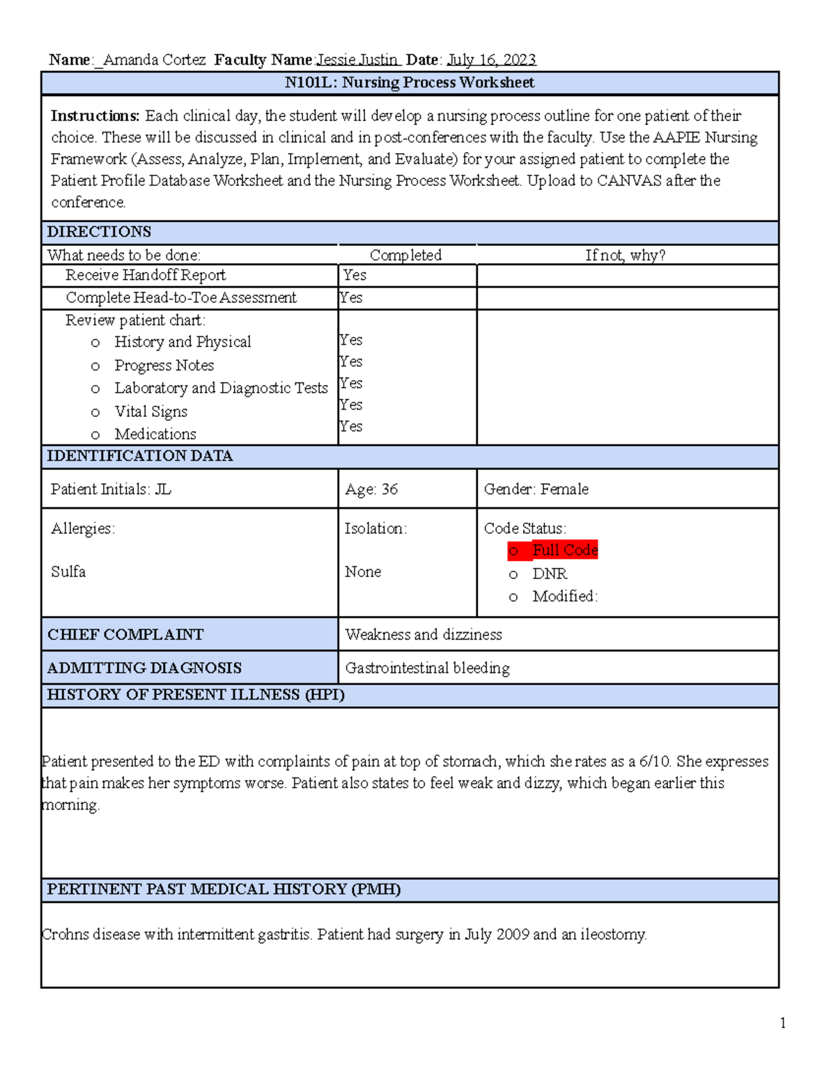 Nursing Process Worksheet Name_Amanda Cortez Faculty NameJessie Justin Date July 16, 2023