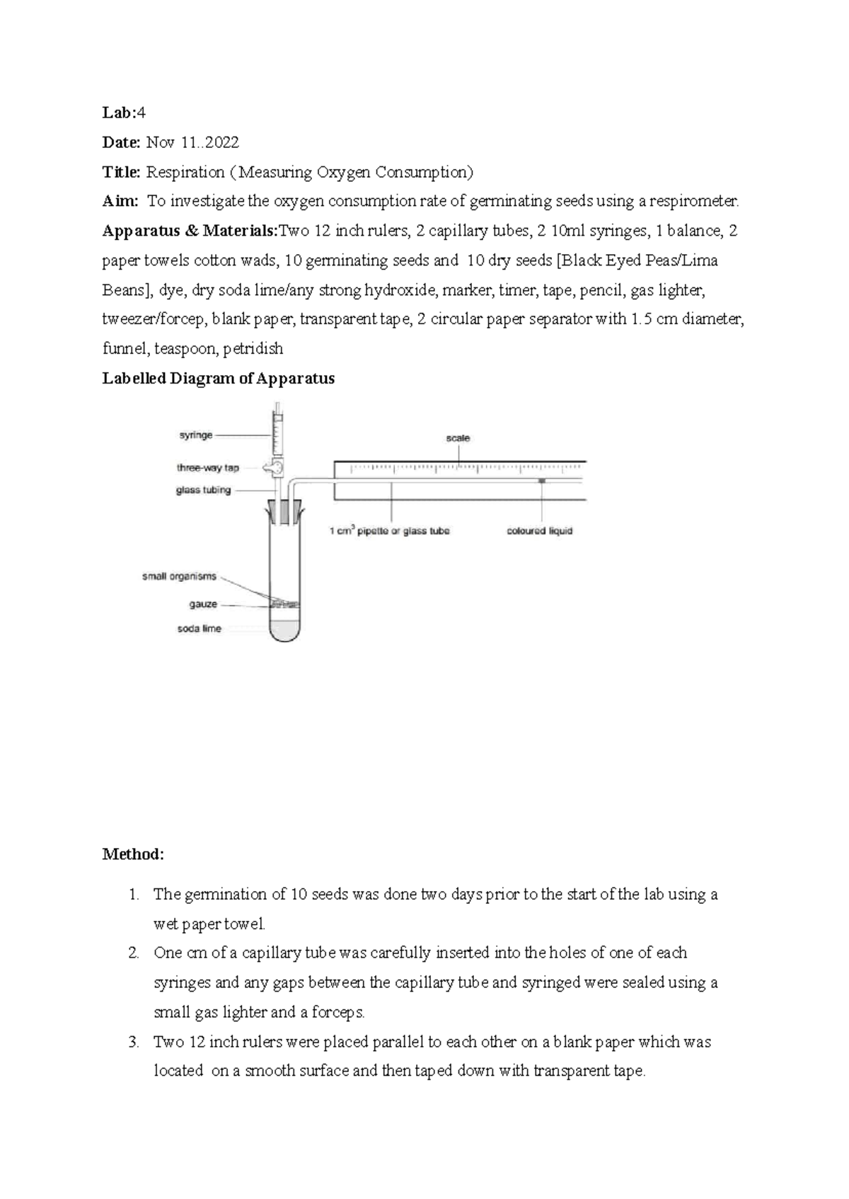 Biology Lab (BIO101): Measurement of Oxygen Consumption in Seeds - Studocu