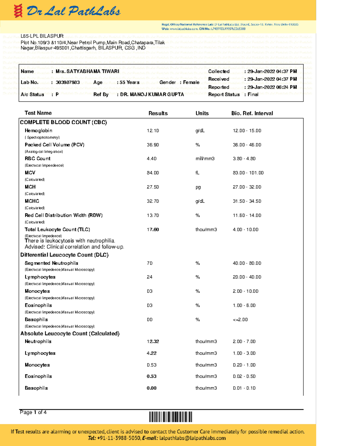 Final CBC & Serum Test Report for Mrs. Satyabhama Tiwari - Lab No ...