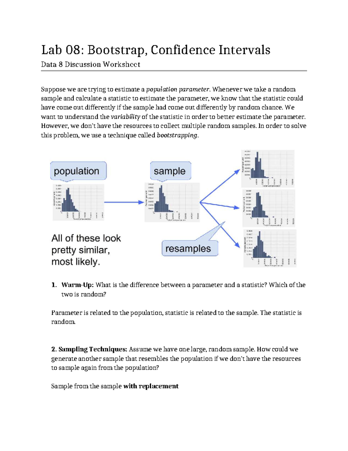 Lab 08: Bootstrapping & Confidence Intervals Discussion Worksheet - Studocu