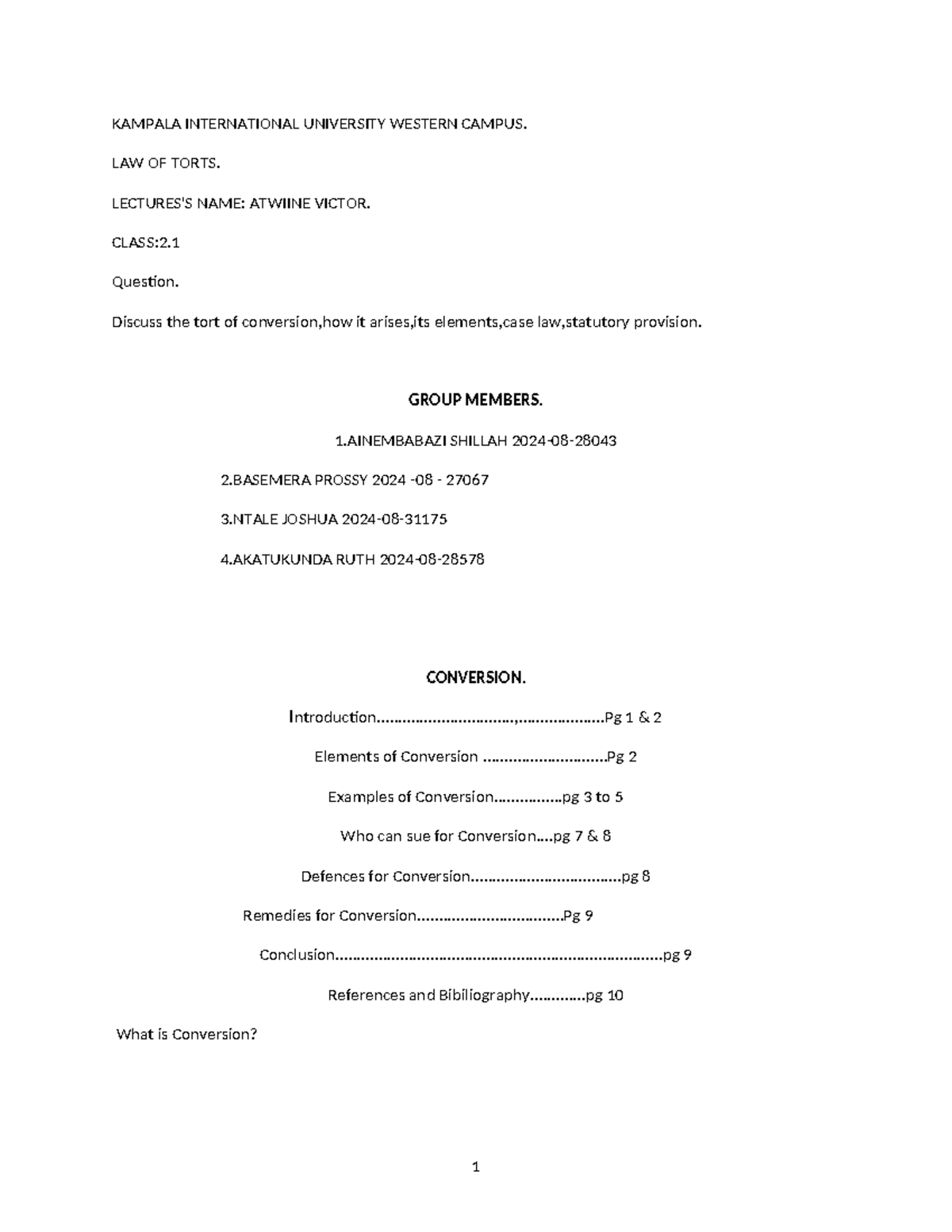 LAW OF TORTS 2.1: Understanding the Tort of Conversion - Studocu