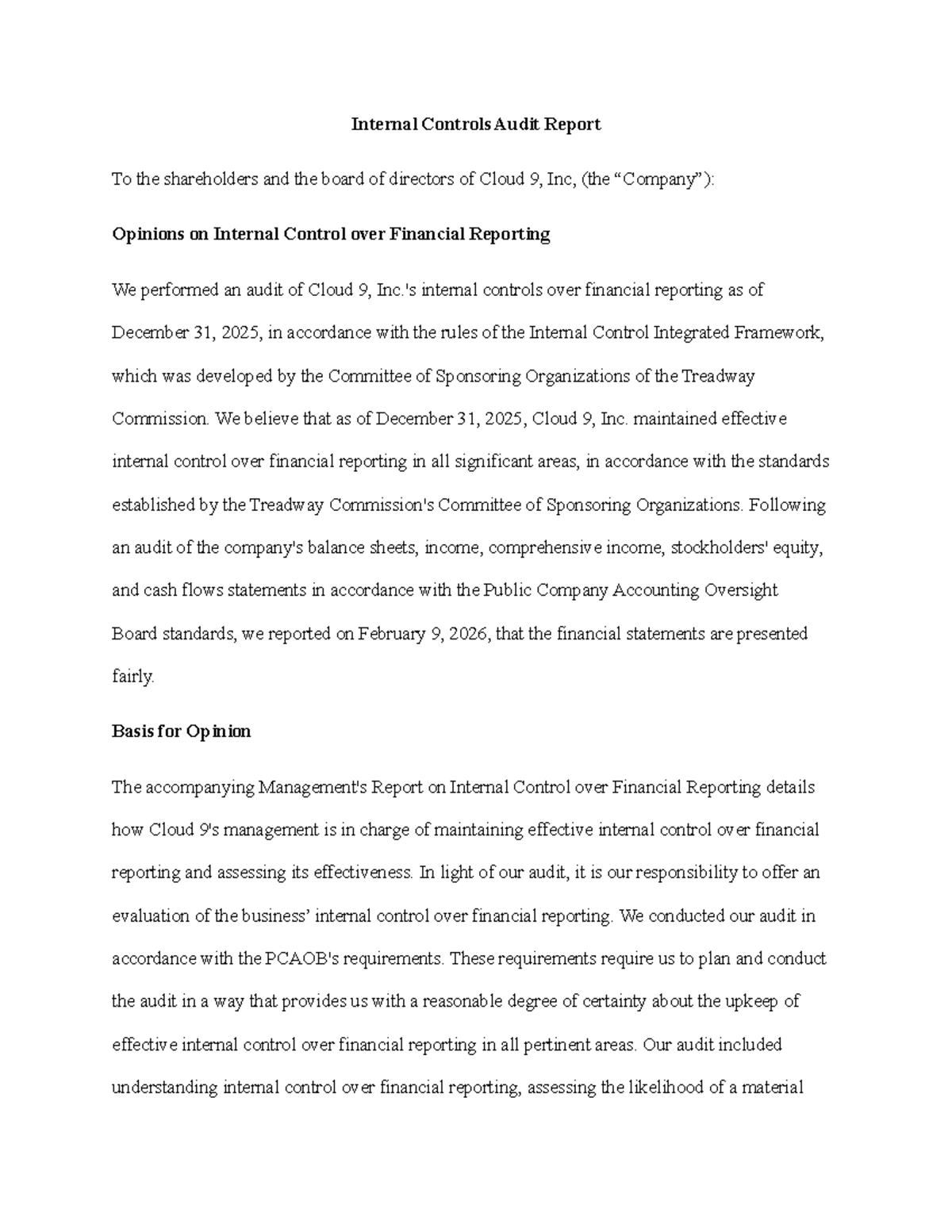 Internal Controls Audit Report for Cloud 9, Inc. (2025) - Studocu