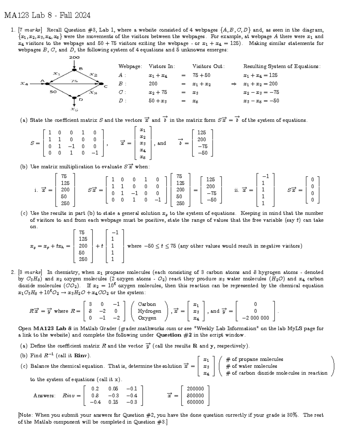 MA123 Lab 8 Fall 2024 - Visitor Movement and Chemical Reactions ...