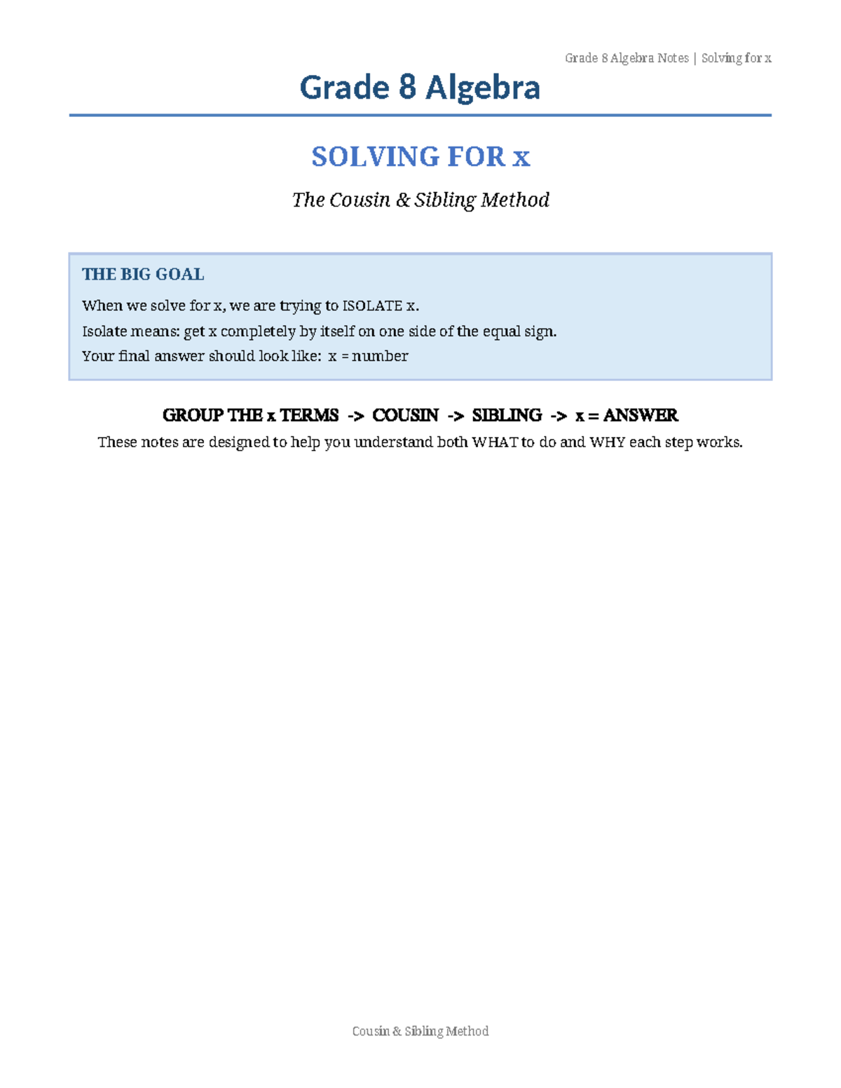 Grade 8 Algebra Notes: Solving for x Using Cousin Sibling Method - Studocu