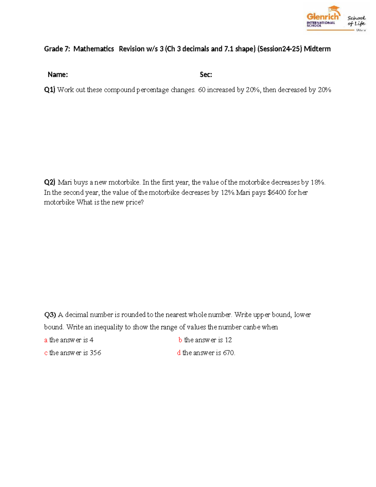 Gr 7 Math Revision WS 3 on Ch 3 Decimals & Ch 7 Shapes Midterm - Studocu