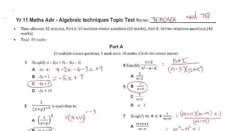 Yr 11 Adv Maths Topic Test: Algebraic Techniques Solutions - Studocu