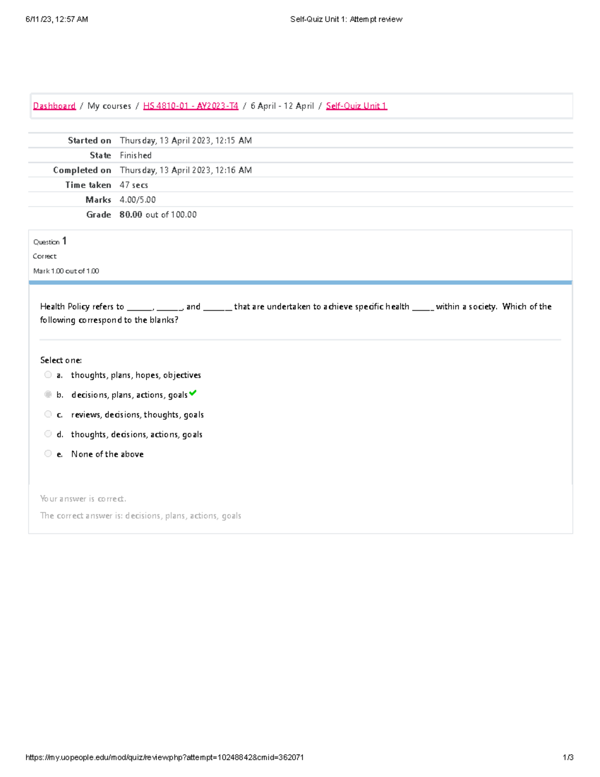 Self-Quiz Review for Unit 1 in HS 4810-01: Attempt Analysis - Studocu