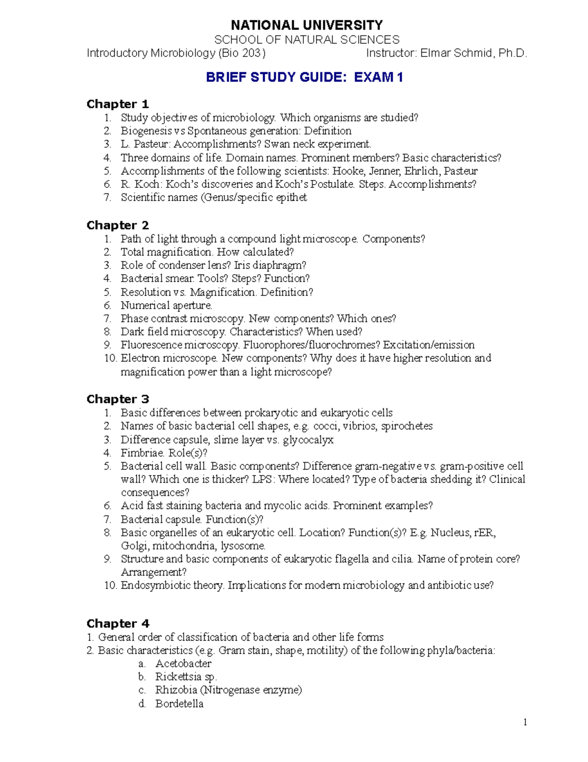Bio203 Introductory Microbiology: Study Guide for Exam 1 - Studocu