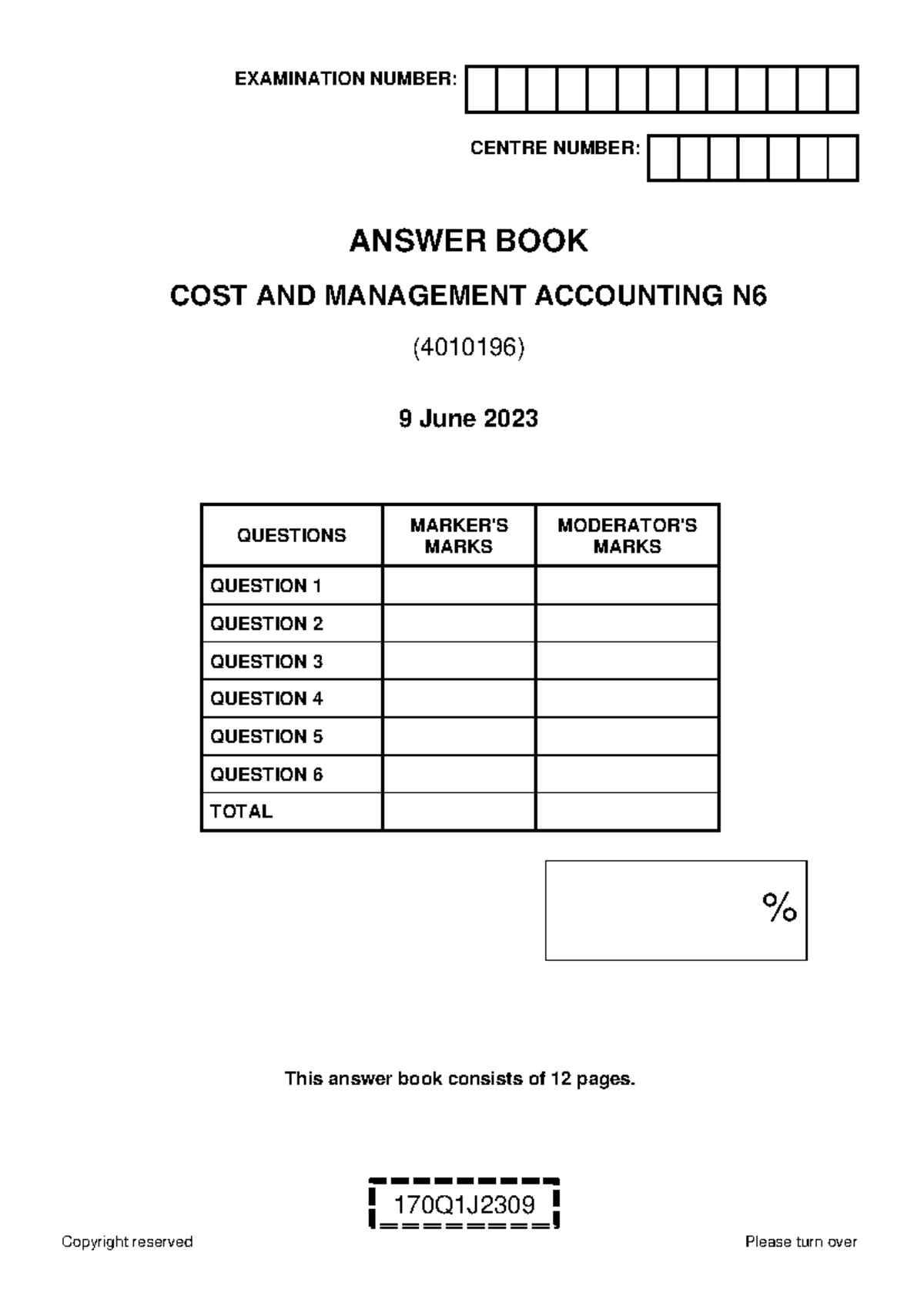 COST AND MANAGEMENT ACCOUNTING N6 EXAM ANSWER BOOK - JUNE 2023 - Studocu