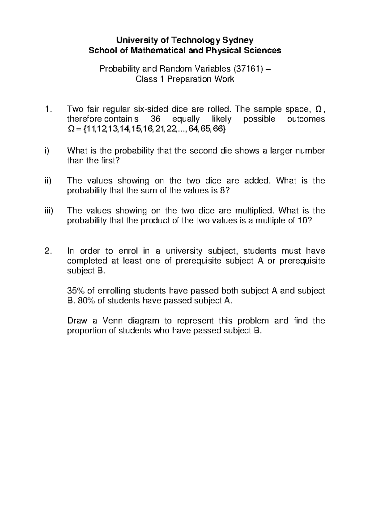 Probability and Random Variables (37161) Class 1 Prep Notes - Studocu
