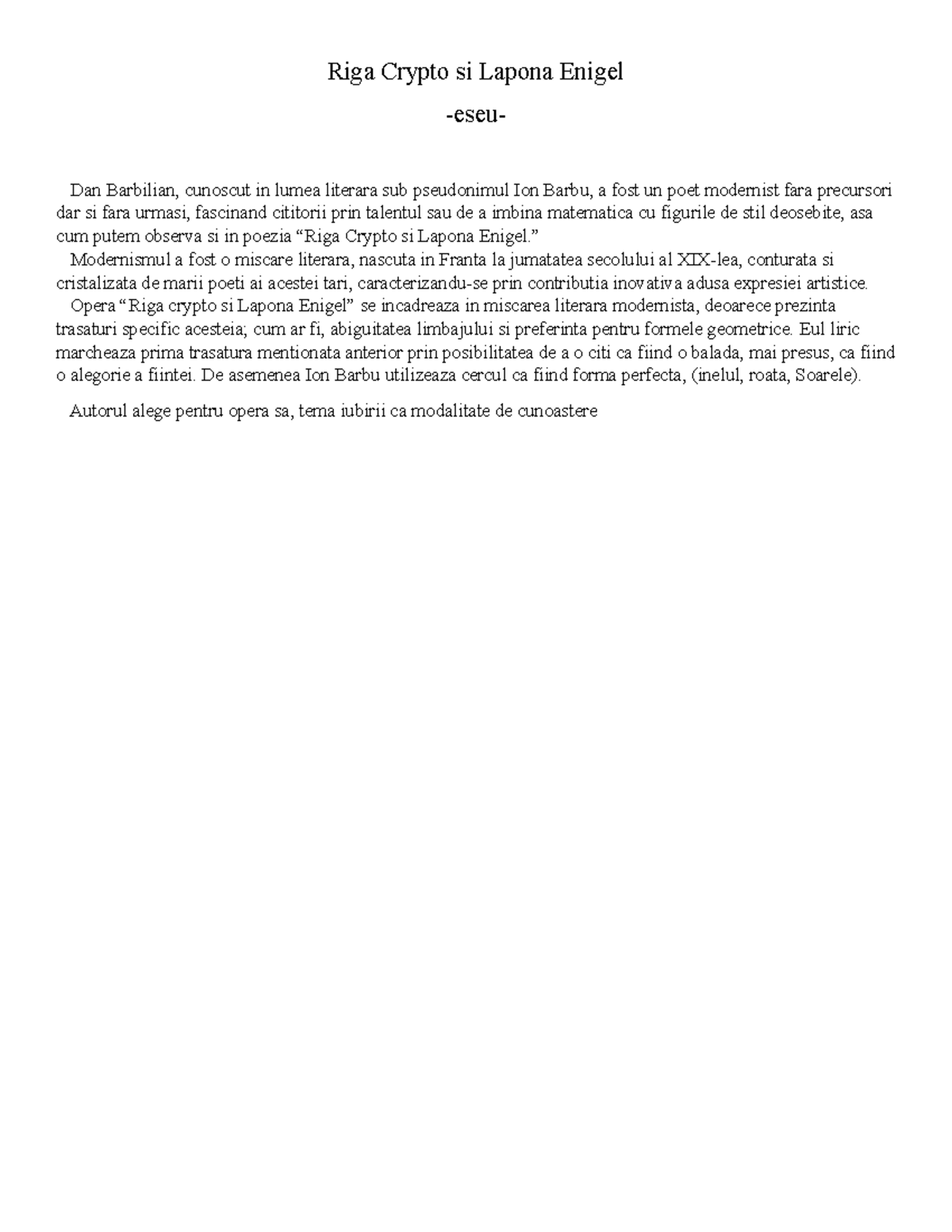 Riga Crypto si Lapona Enigel: Analiza Modernismului în Poezie - Studocu
