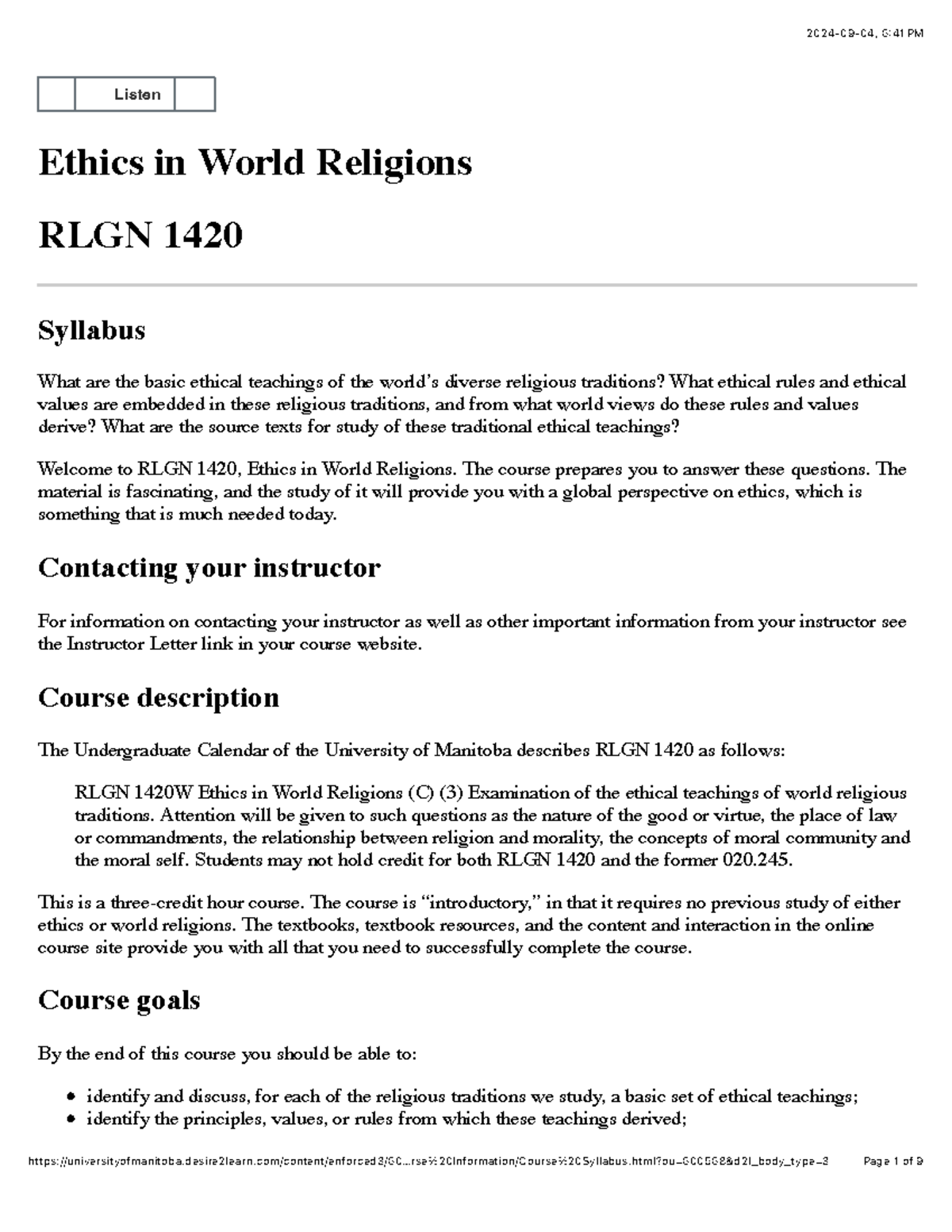 Course Syllabus - RLGN 1420 - Ethics in World Religions - Studocu
