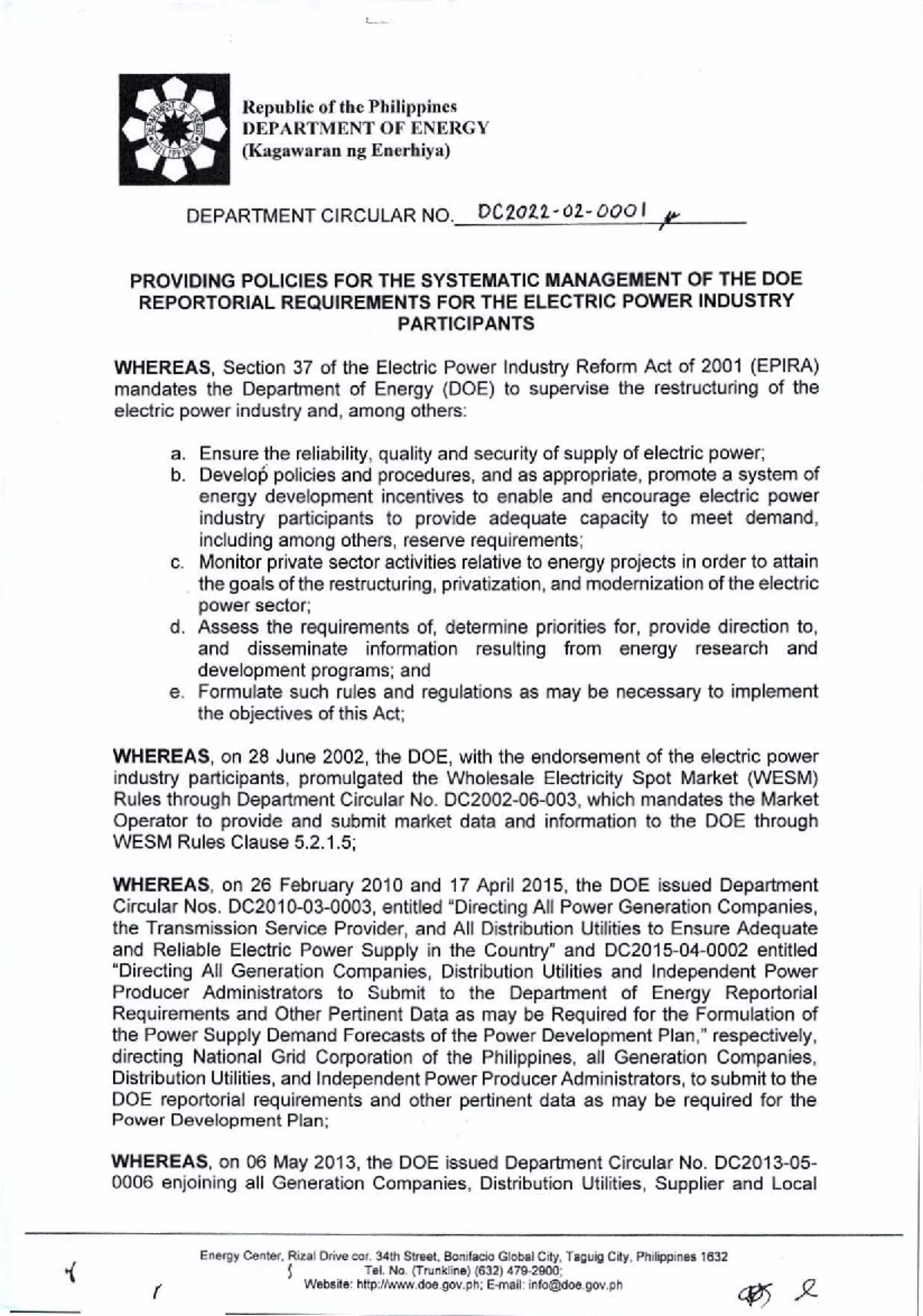 DC 2022-02: Policies for Systematic Management of DOE Reportorial ...