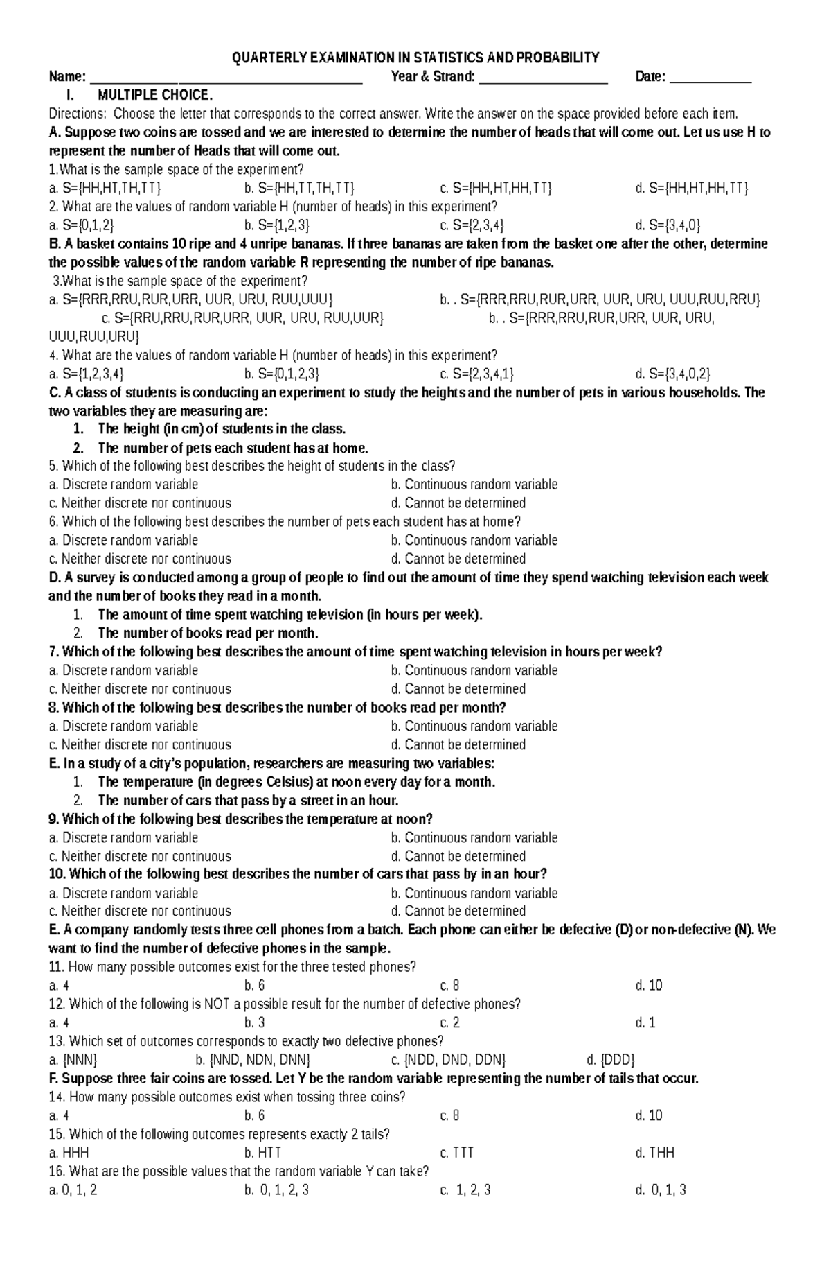 Quarterly Examination IN Statistics AND Probability - QUARTERLY ...