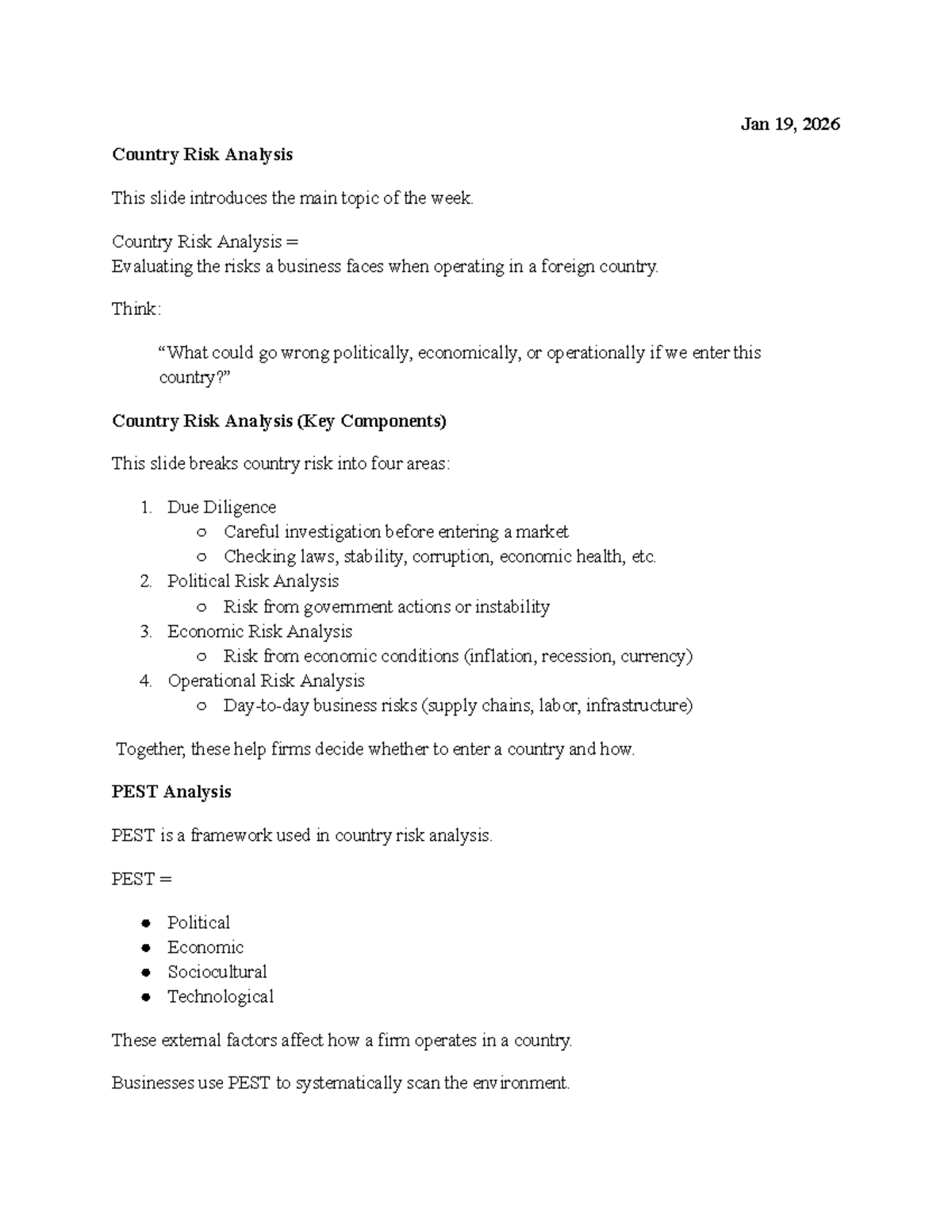 Country Risk Analysis: Key Components & PEST Framework (Class 2 Notes ...