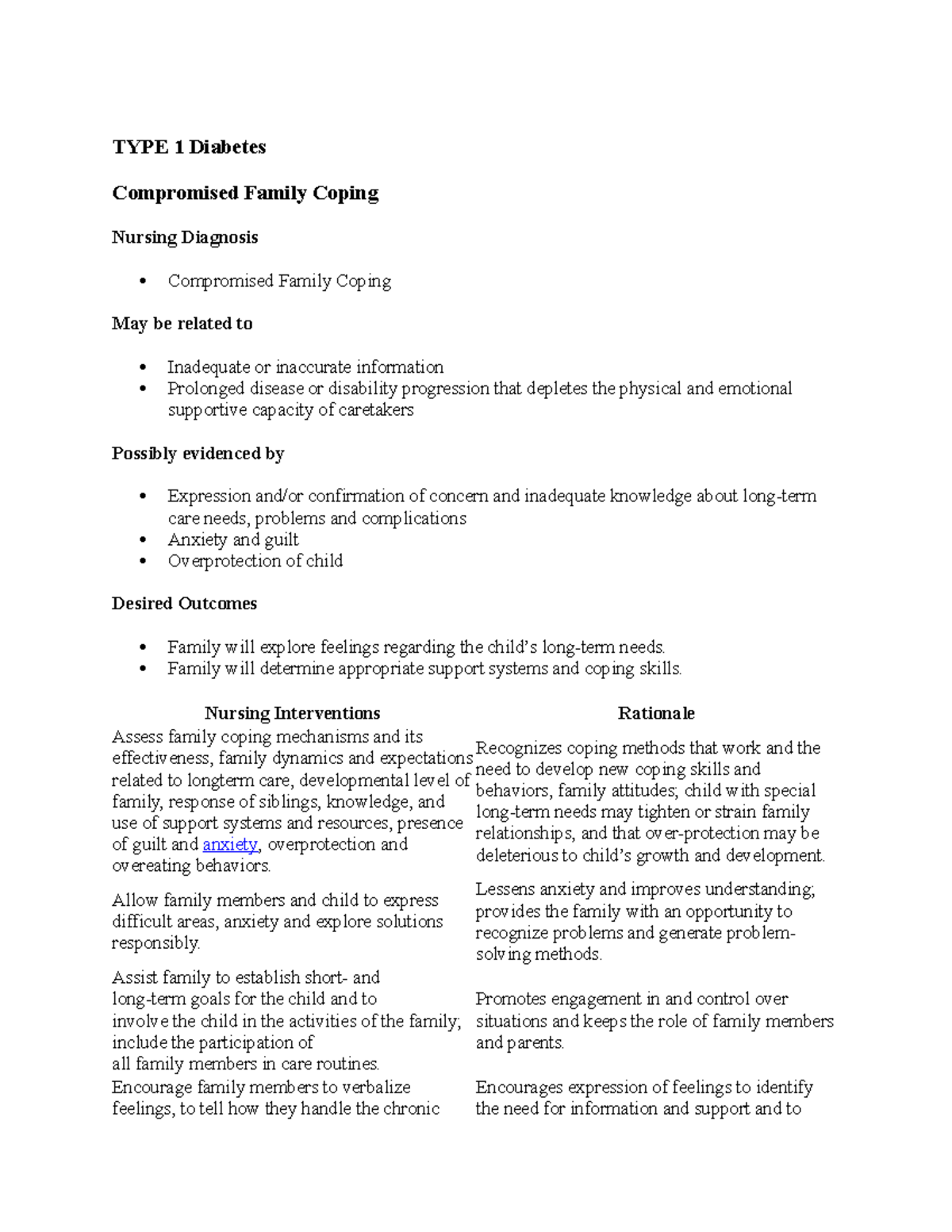 Care Plan for TYPE 1 Diabetes Management and Nursing Interventions ...