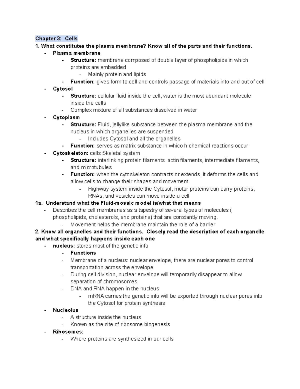Chapter 3 study guide - **Chapter 3: Cells What constitutes the plasma ...