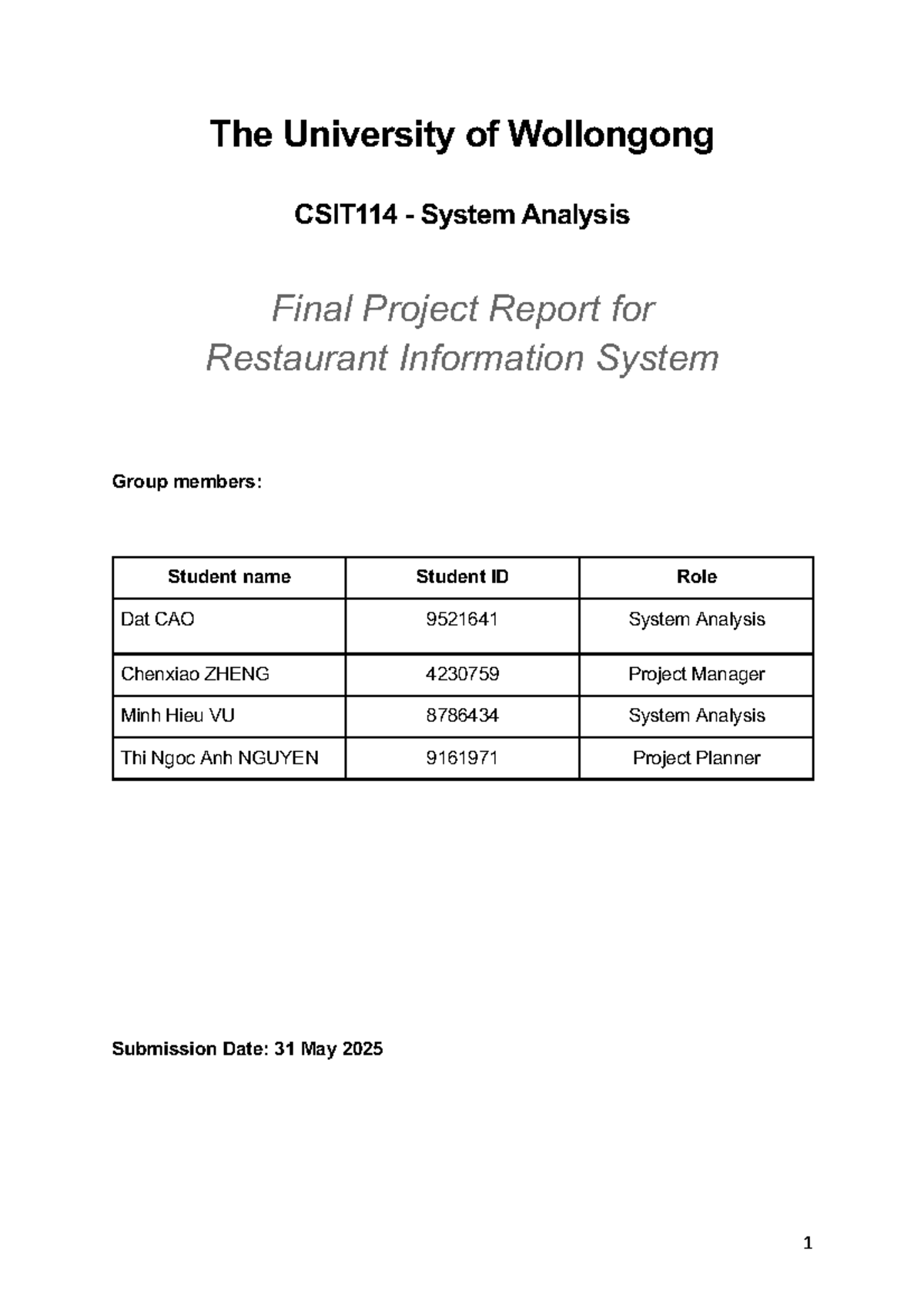 CSIT114 Final Project Report: Restaurant Information System - Studocu