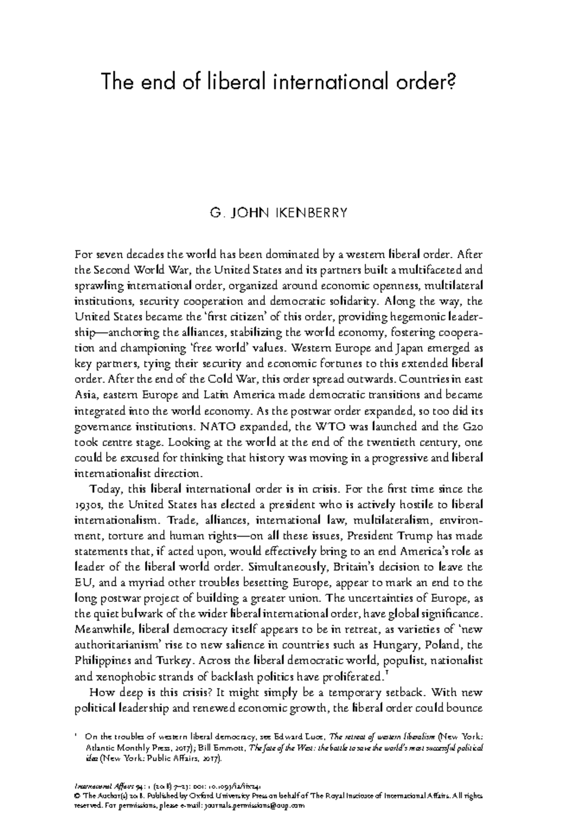 The Crisis of Liberal International Order: An Analysis by G. John ...