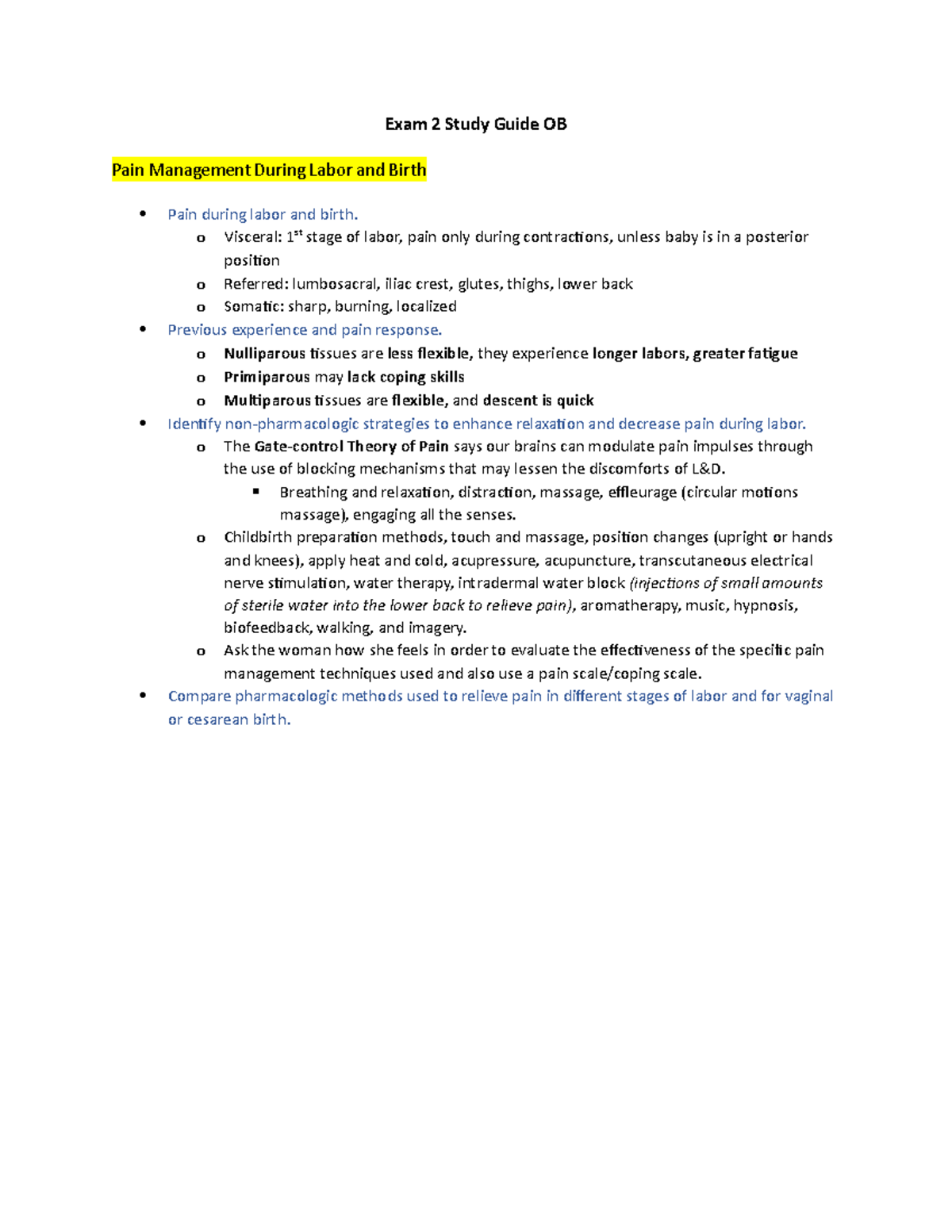 Exam 2 Study Guide - OB Pain Management and Pregnancy Complications ...