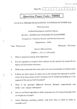 AD3351 Design and Analysis of Algorithms Lab Final Manual - Studocu