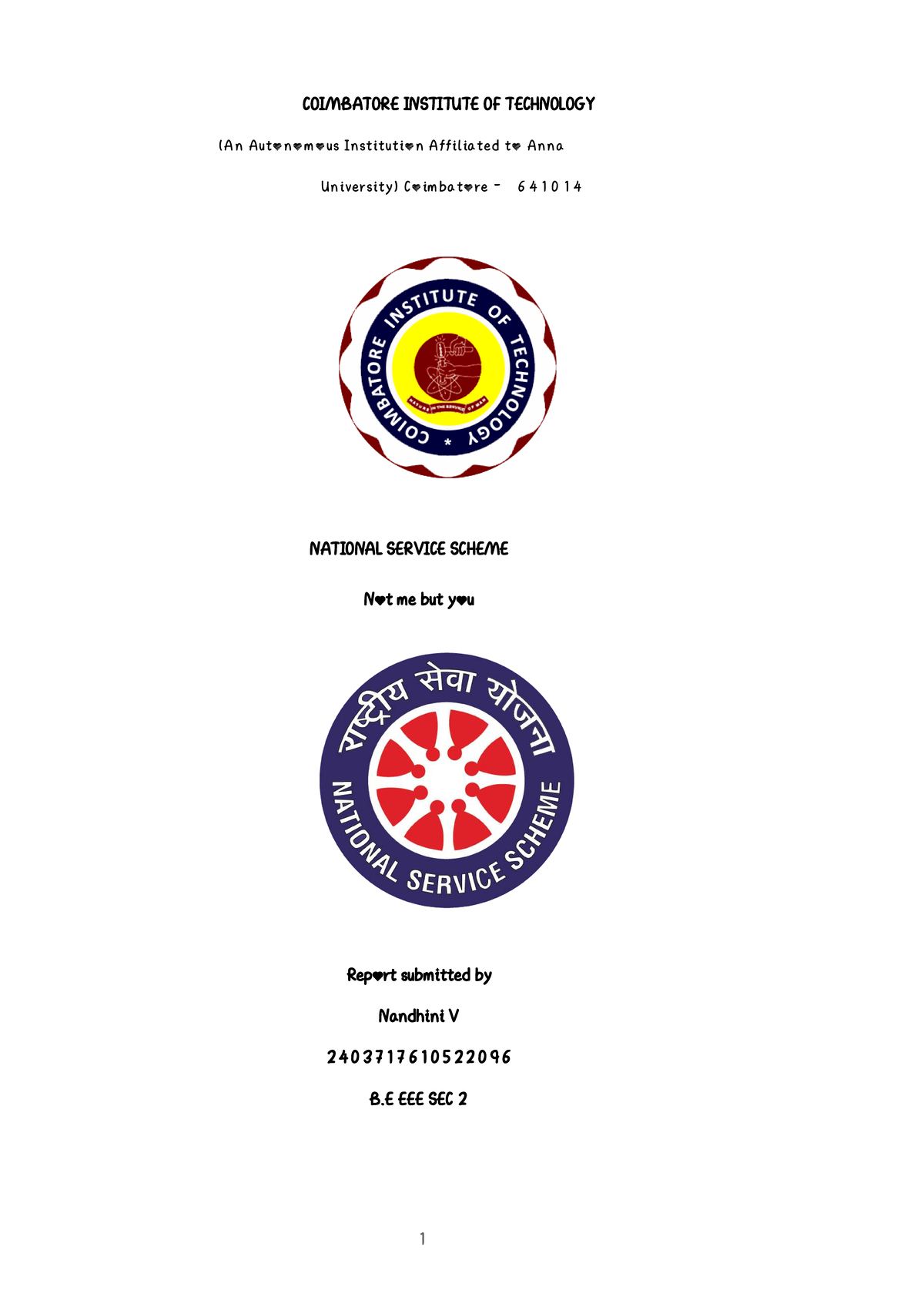 NSS Report: Not Me But You - Coimbatore Institute of Technology - Studocu