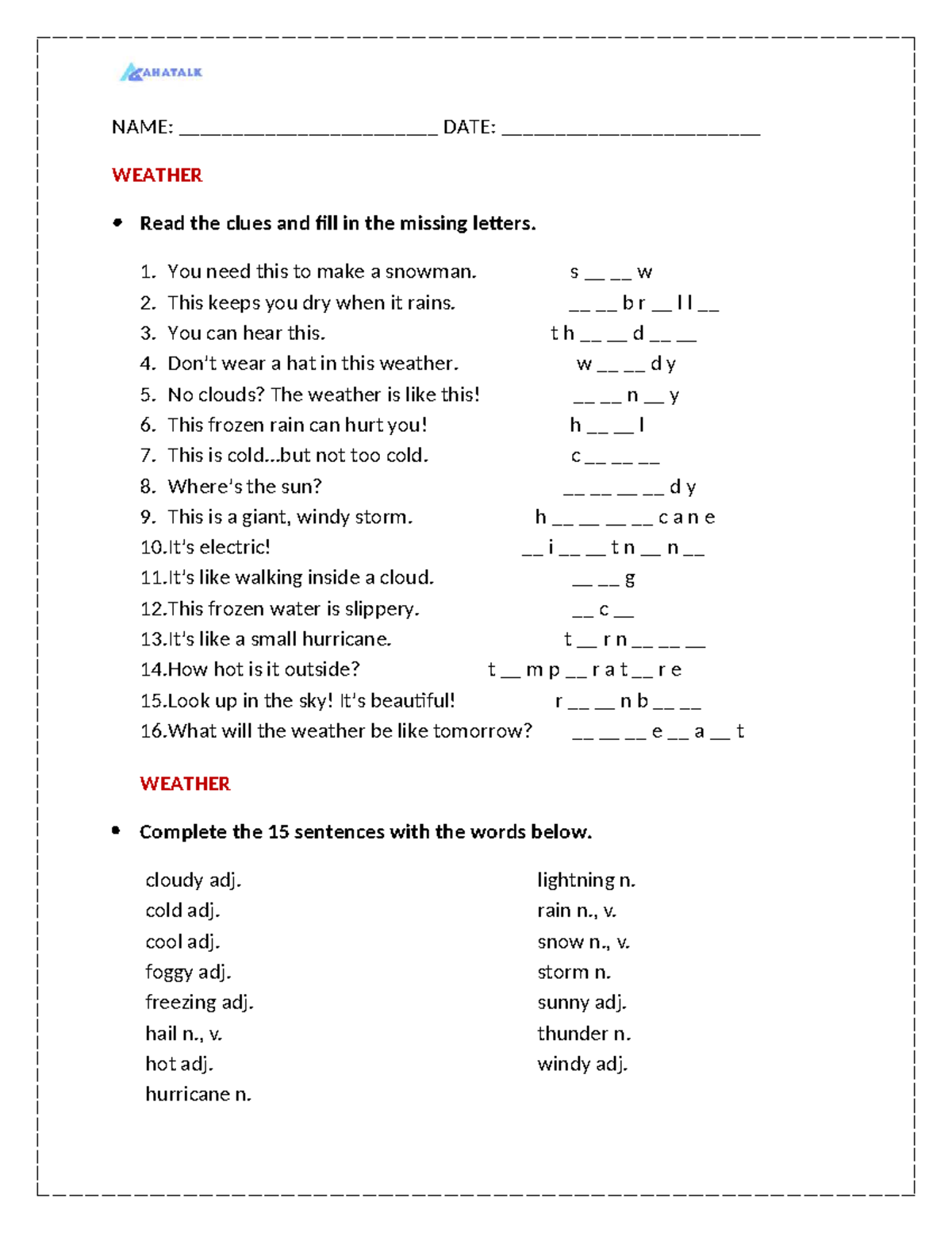 Weather Homework - English: Fill in the Missing Letters and Quiz - Studocu