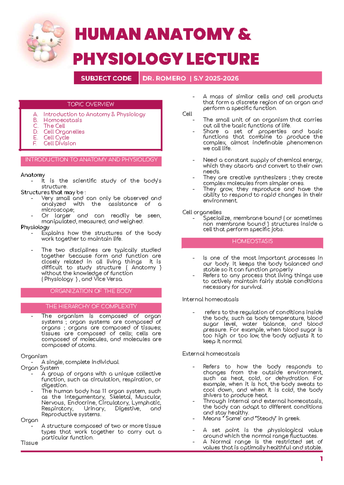 ANAPHY LEC PRELIM: Introduction to Human Anatomy & Physiology - Studocu