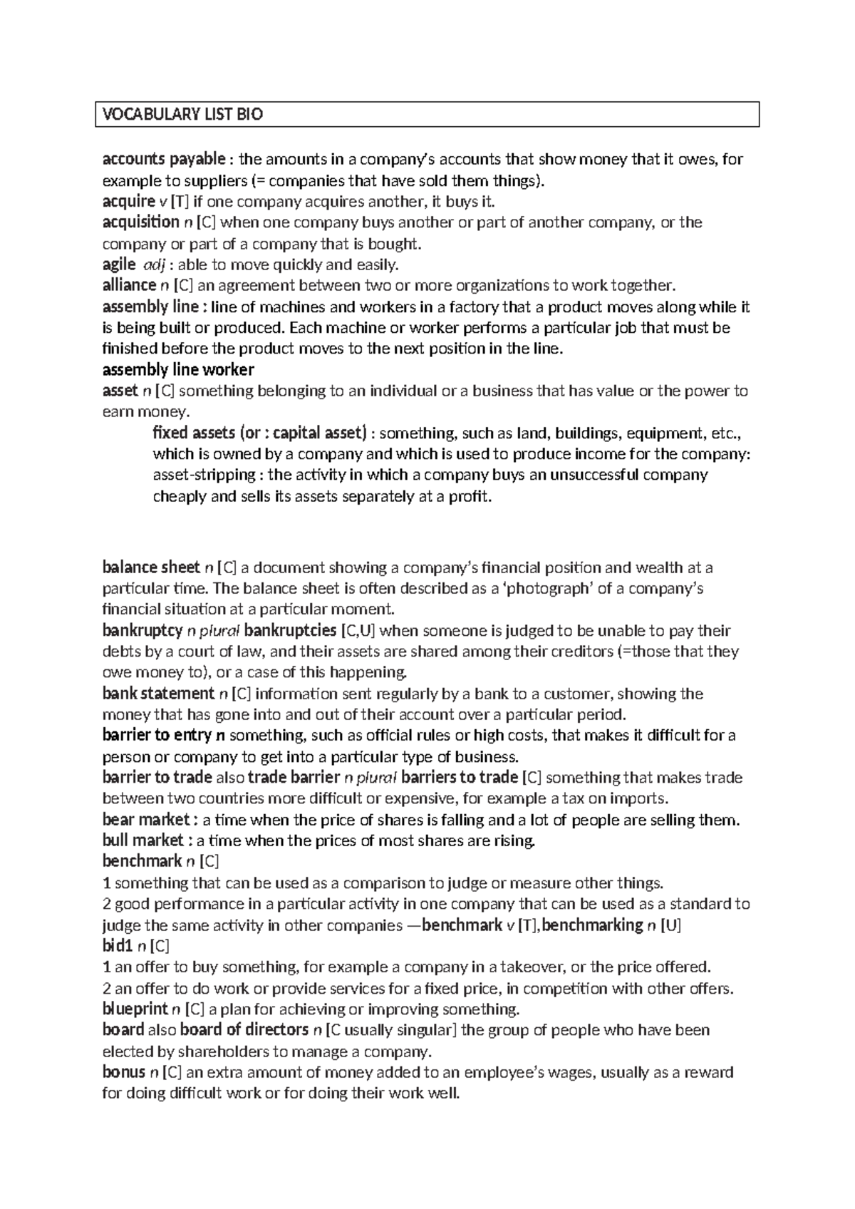 Vocabulary List for BIO: Key Business Terms and Definitions - Studocu