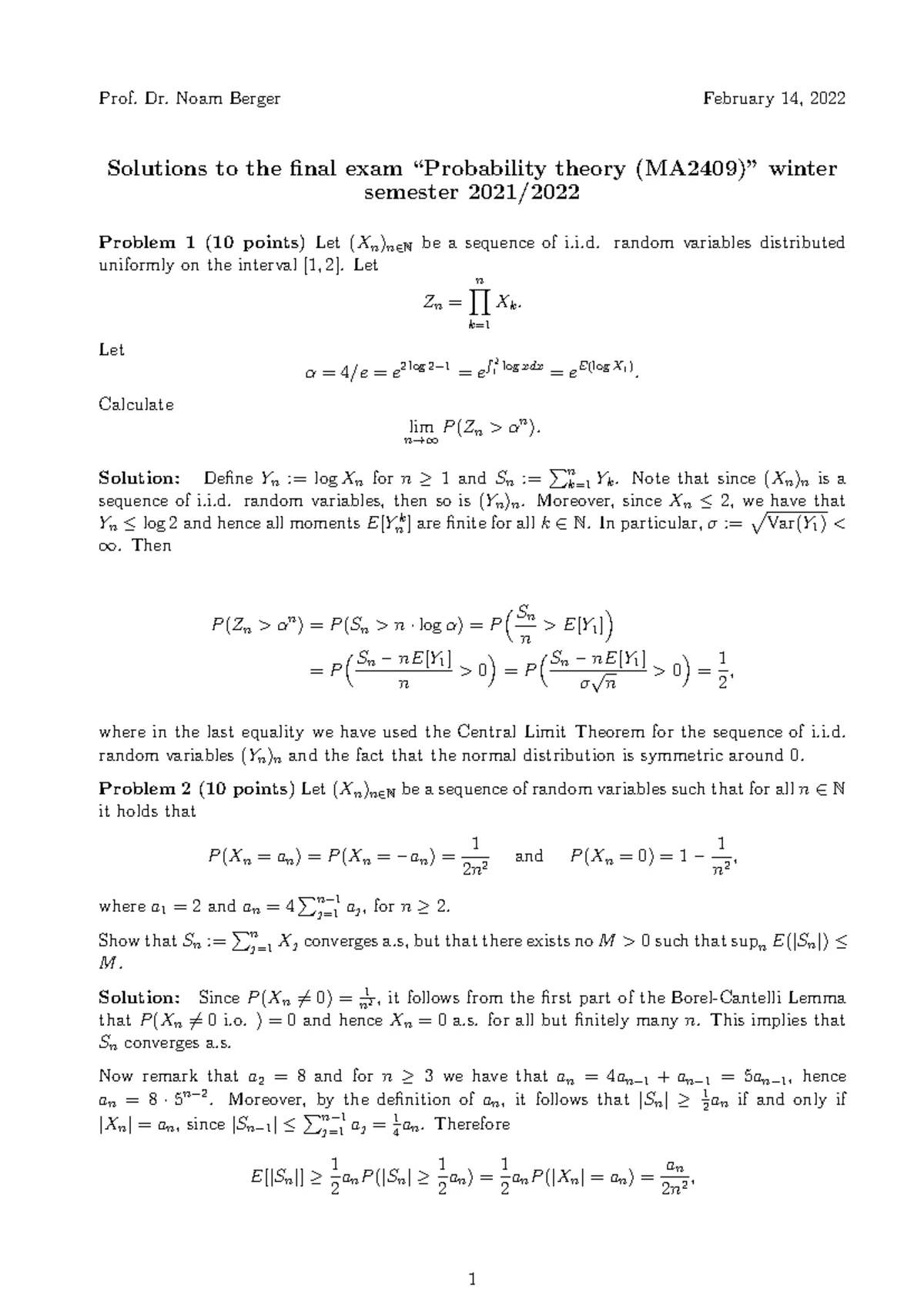 Probability theory MA2409 endterm exam solutions by Prof. Noam Berger ...