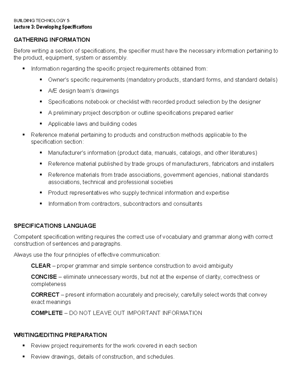 BUILDING TECHNOLOGY 5 Lecture 3: Specifications and Information ...
