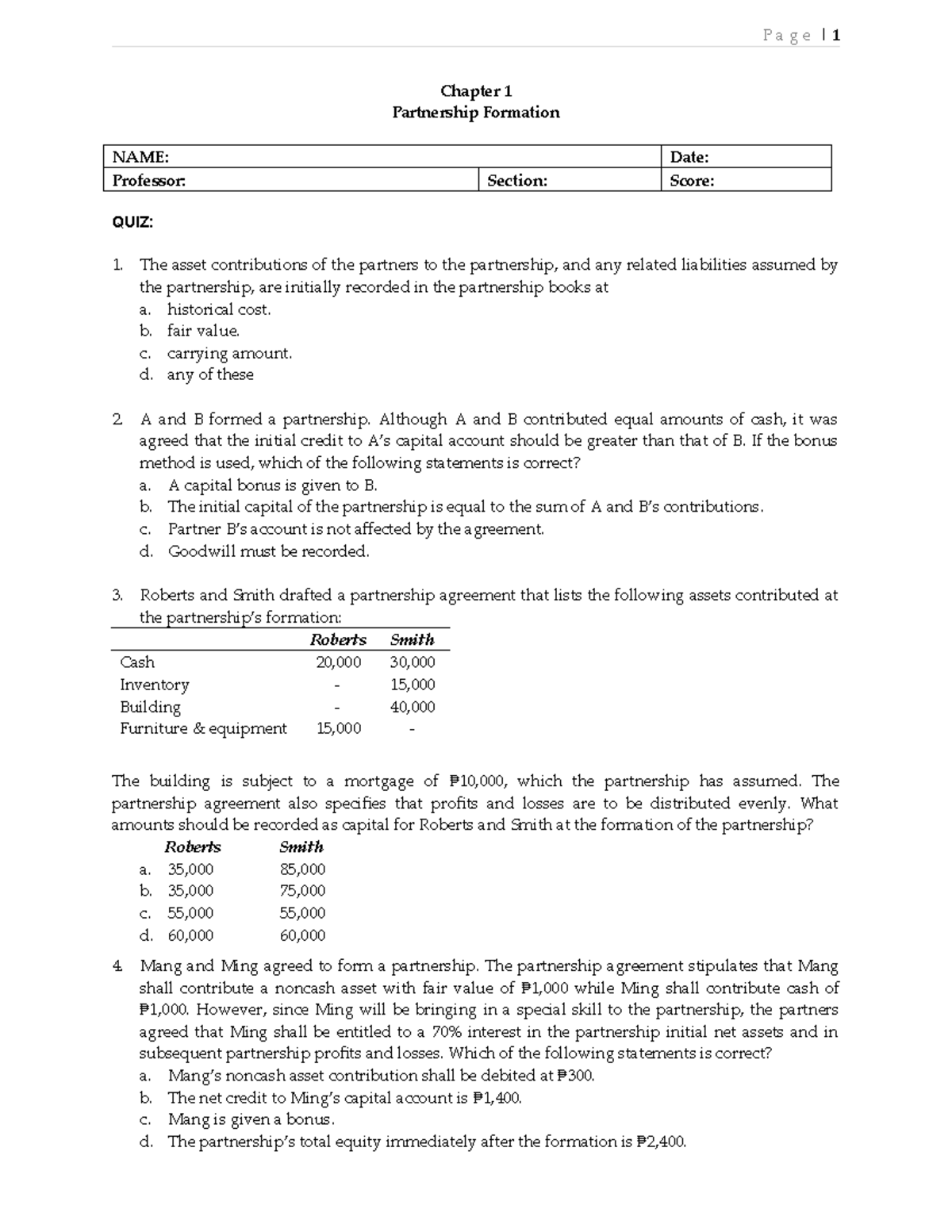 QUIZ: Chapter 1 Partnership Formation (622667338) 2021 Edition - Studocu