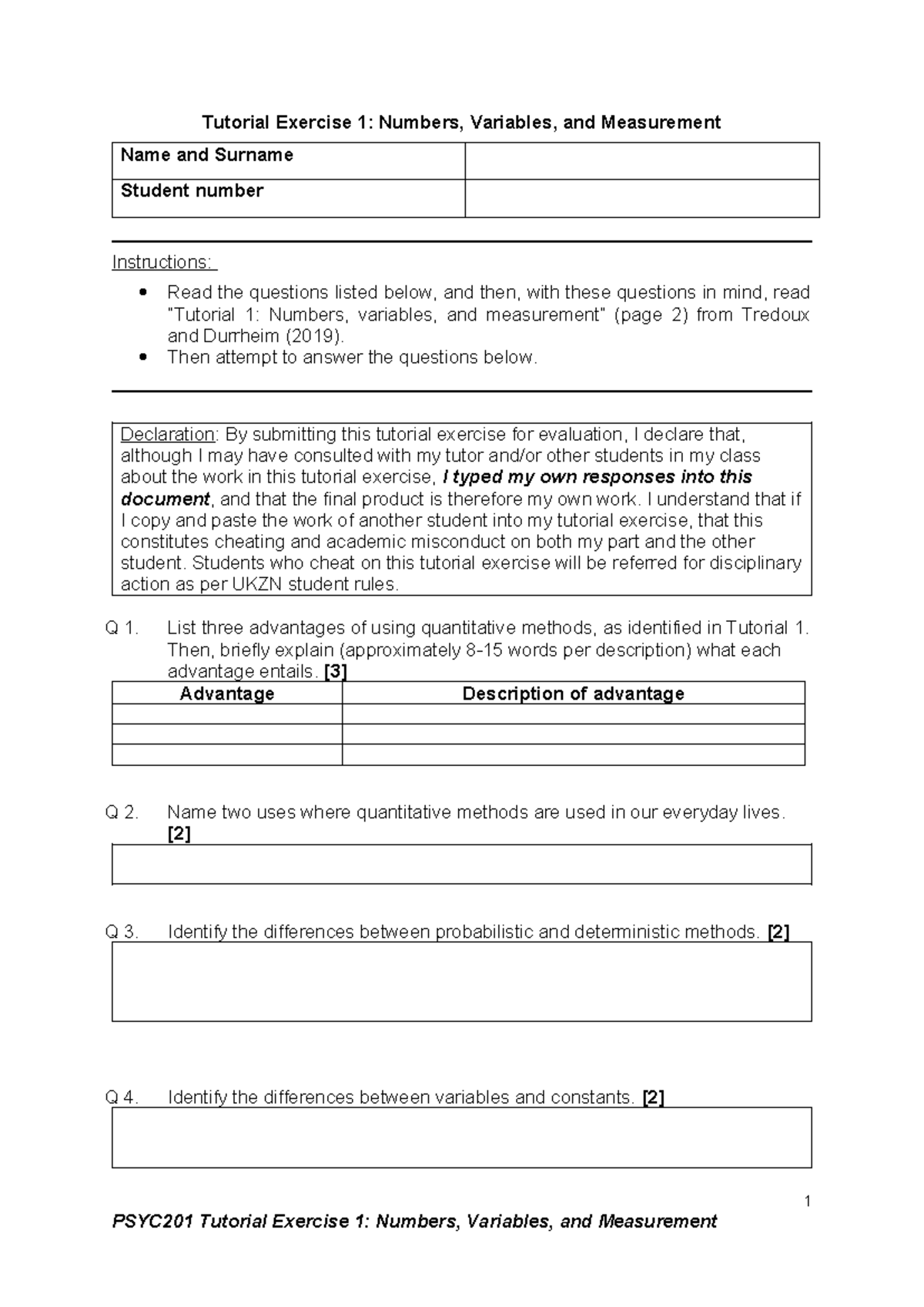 Tutorial Exercise 1 Numbers Variables Measurement - Tutorial Exercise 1 ...