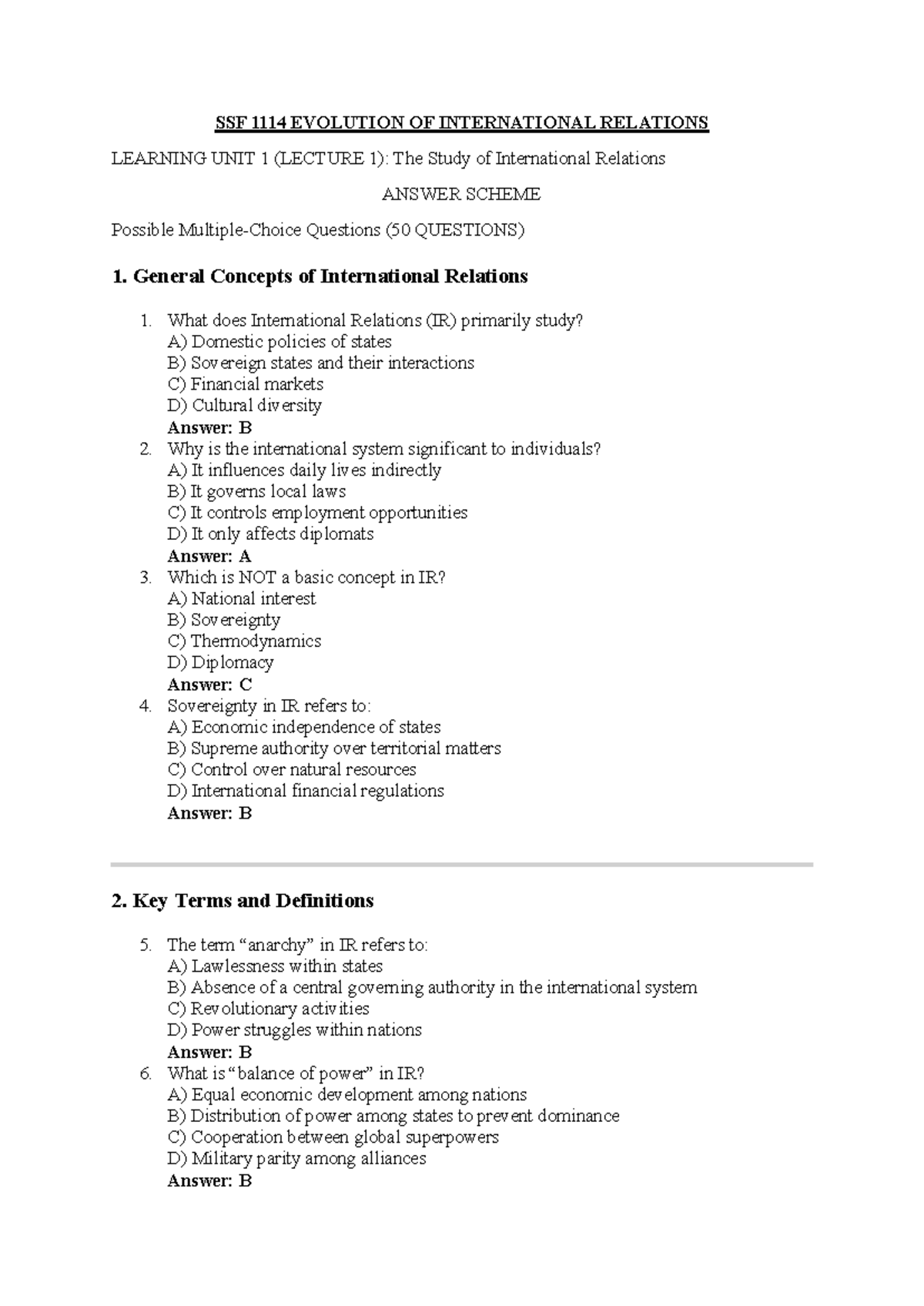 SSF EVOLUTION OF INTERNATIONAL RELATIONS LEARNING UNIT 1 (LECTURE 1 & 2 ...