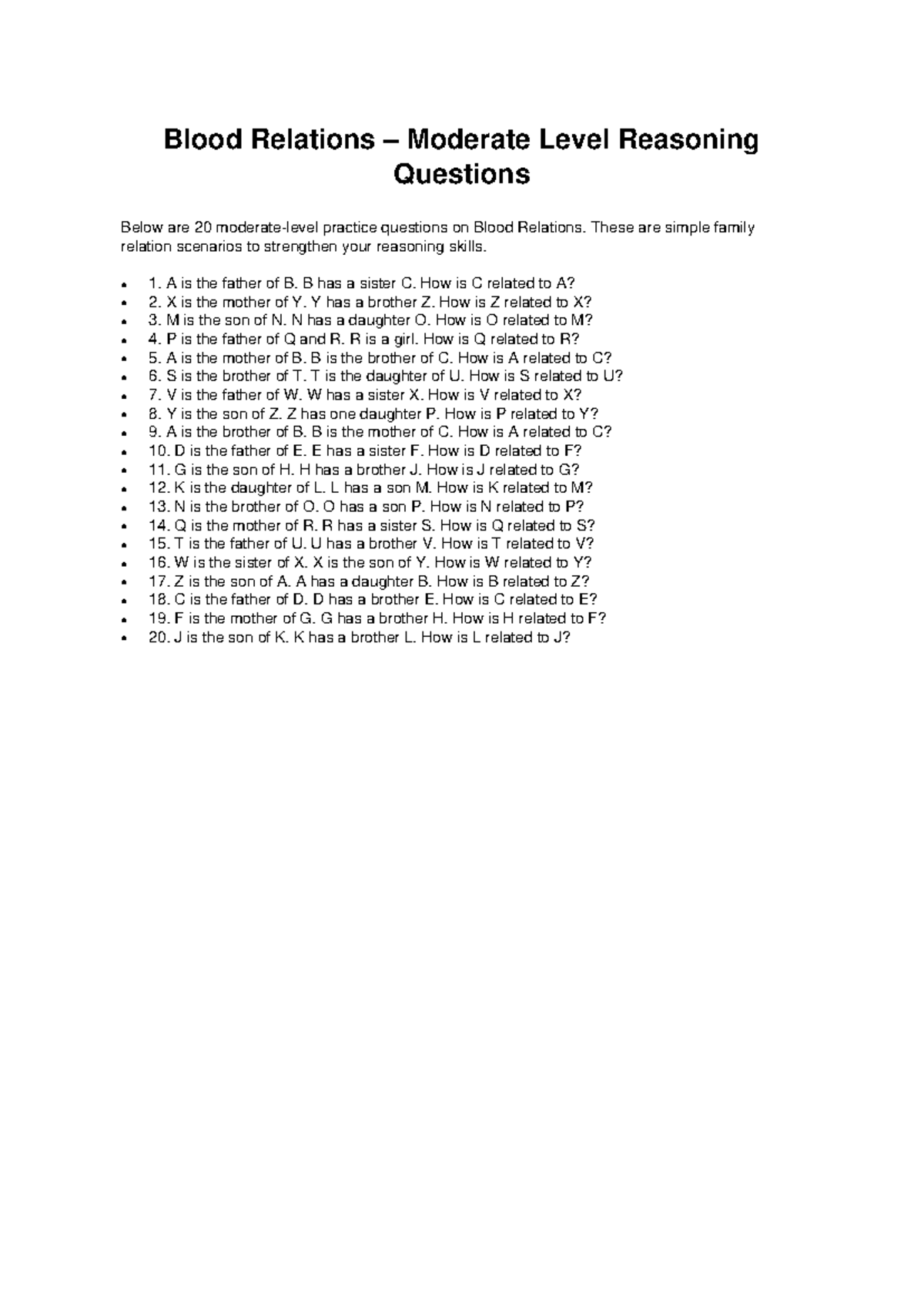 Blood Relations Reasoning Questions (Moderate Level) - Studocu