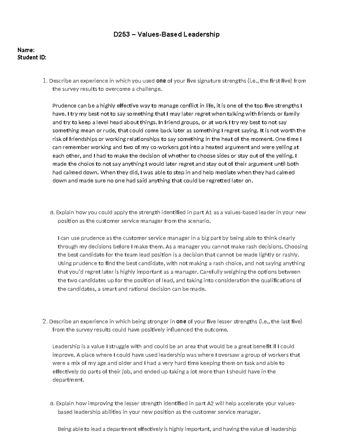D253 Values-Based Leadership: Task 1 Reflection and Analysis - Studocu