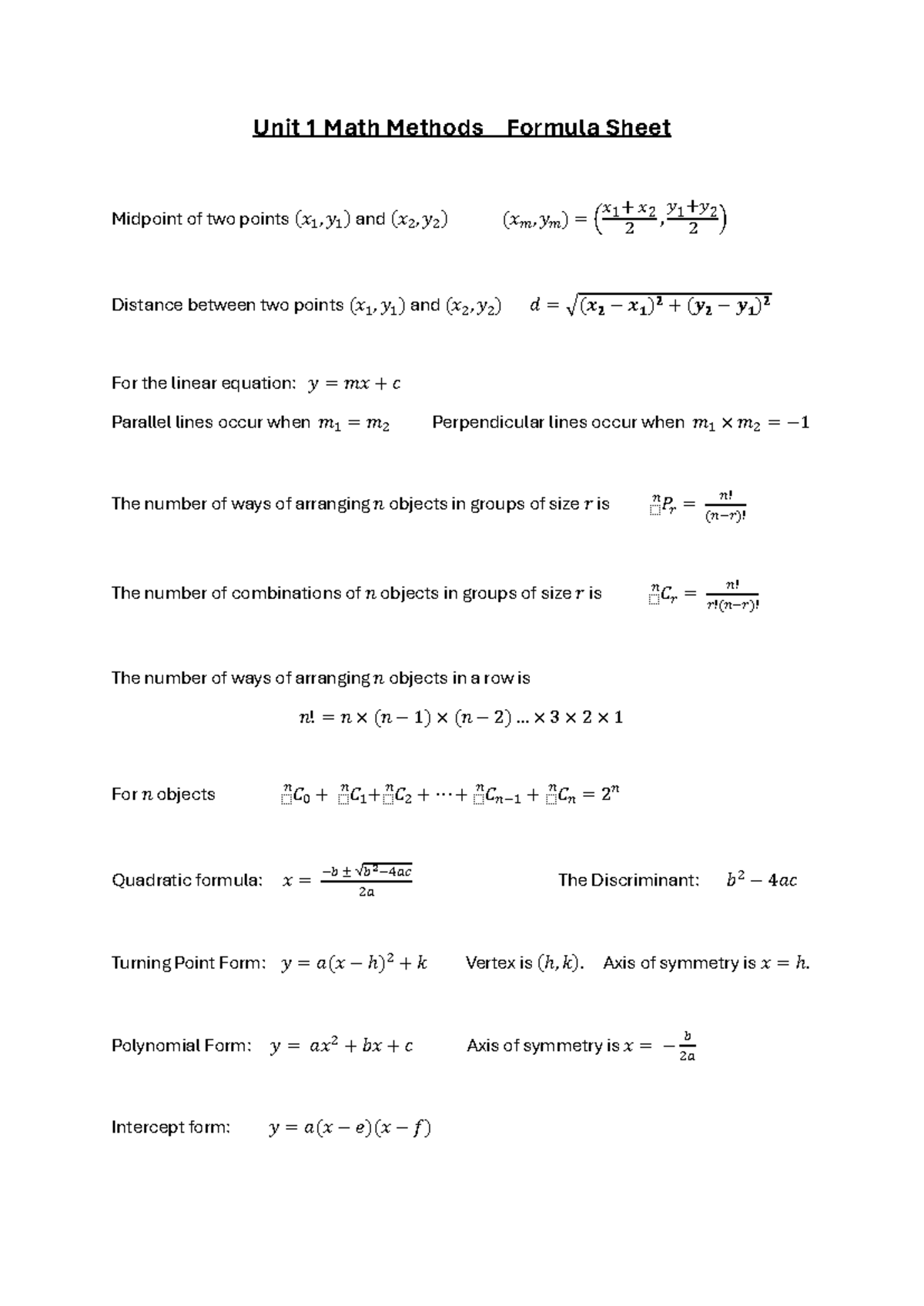 2024 U1 MM Final Exam Formula Sheet: Key Math Concepts - Studocu