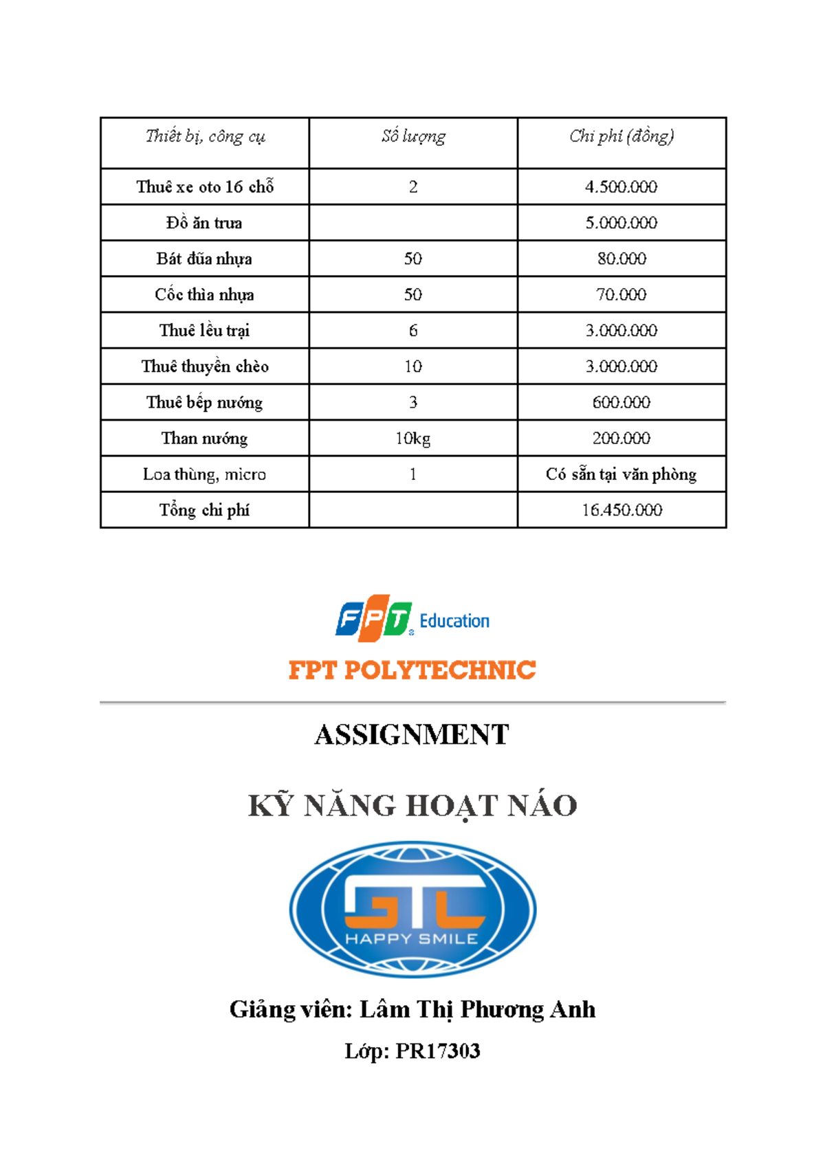 Y1Y2Y3Y4 ASM NHOM6 KNHN - Thuê xe oto 16 chỗ 2 4. Đồ ăn trưa 5. Bát đũa ...