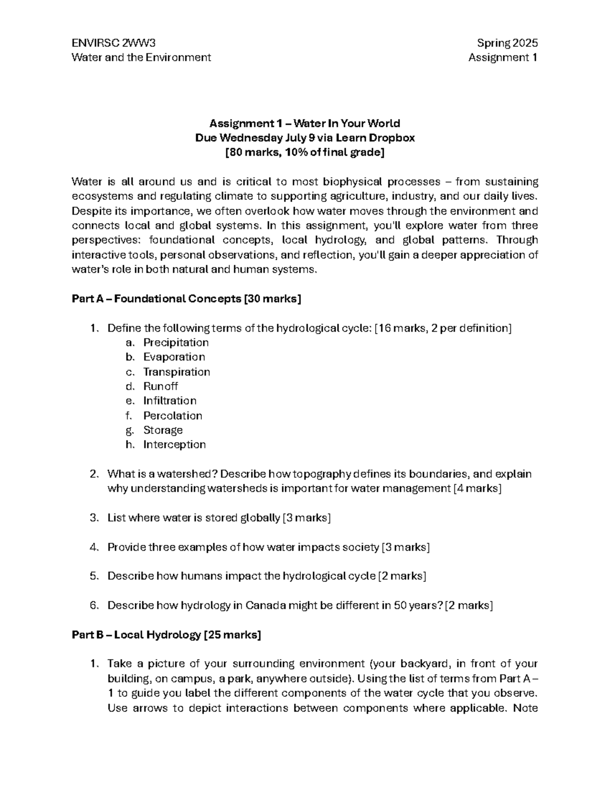 ENVIRSC 2WW3 Water and the Environment Spring 2025 Assignment 1: Water ...