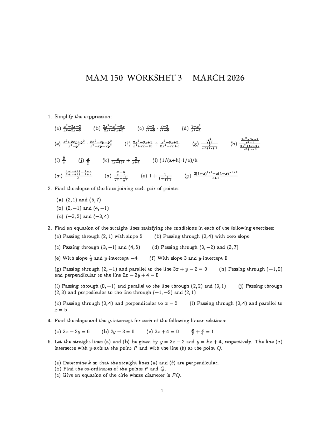 MAMAM 150 Worksheet 3: Algebra and Geometry Problems - Studocu