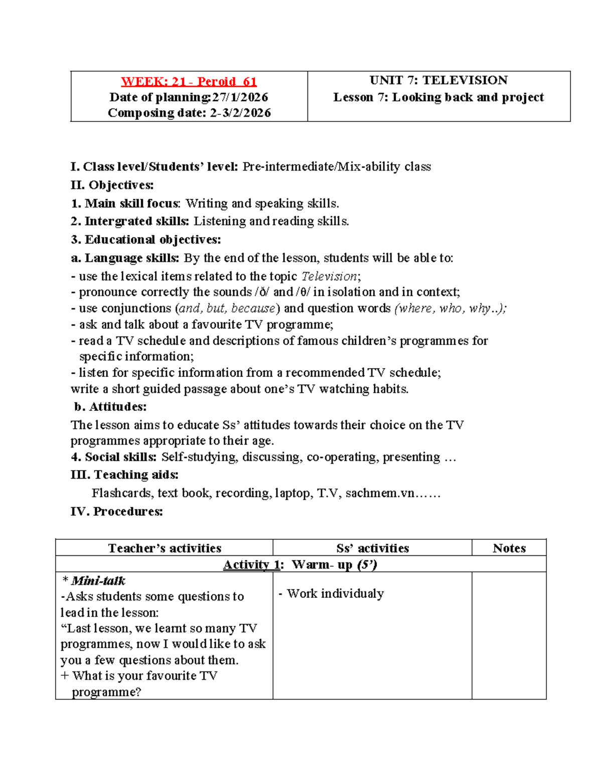 Unit 7 & 8: Television & Sports - Lesson Plans for Class II (Weeks 21 ...