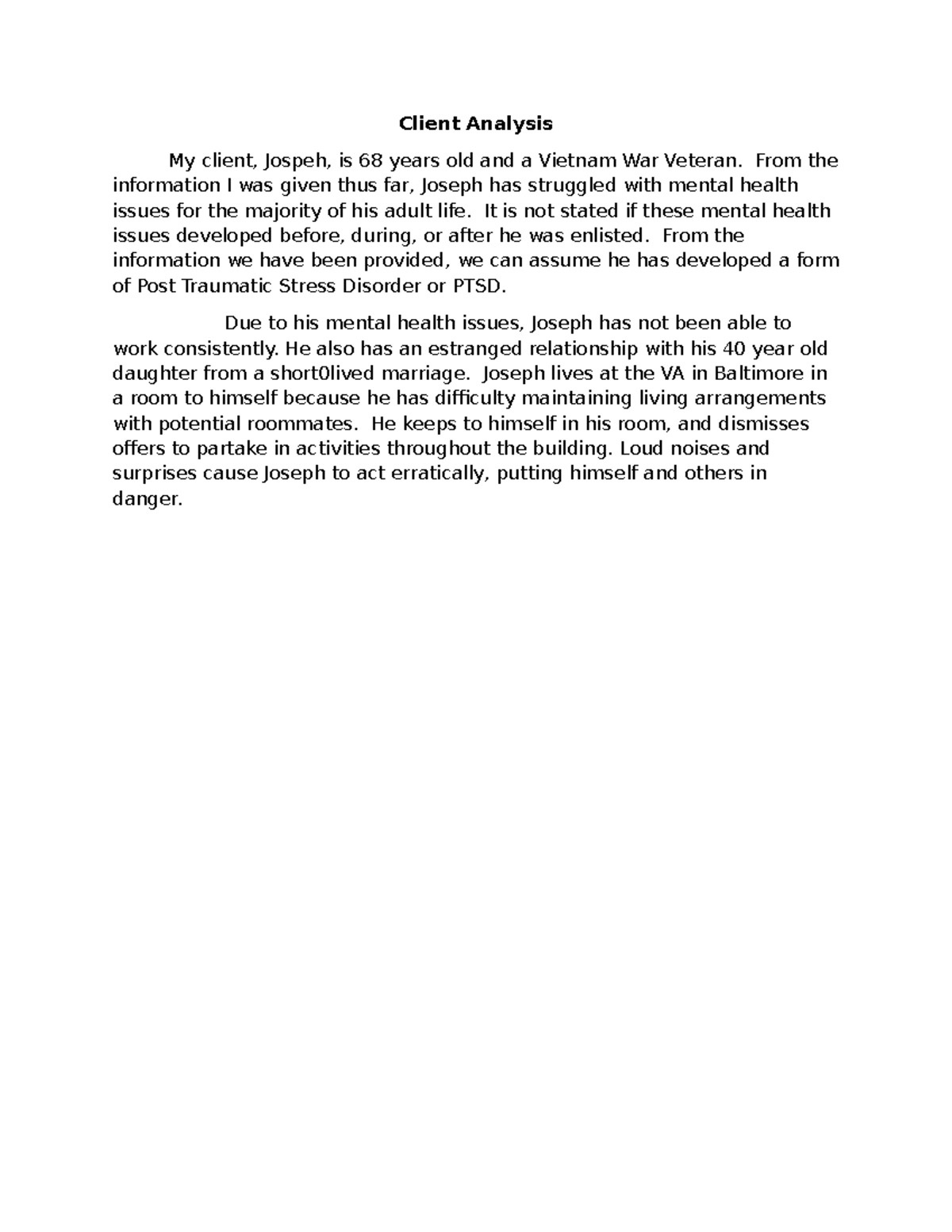 CHE 325 Client Analysis: Joseph's Mental Health Challenges - Studocu
