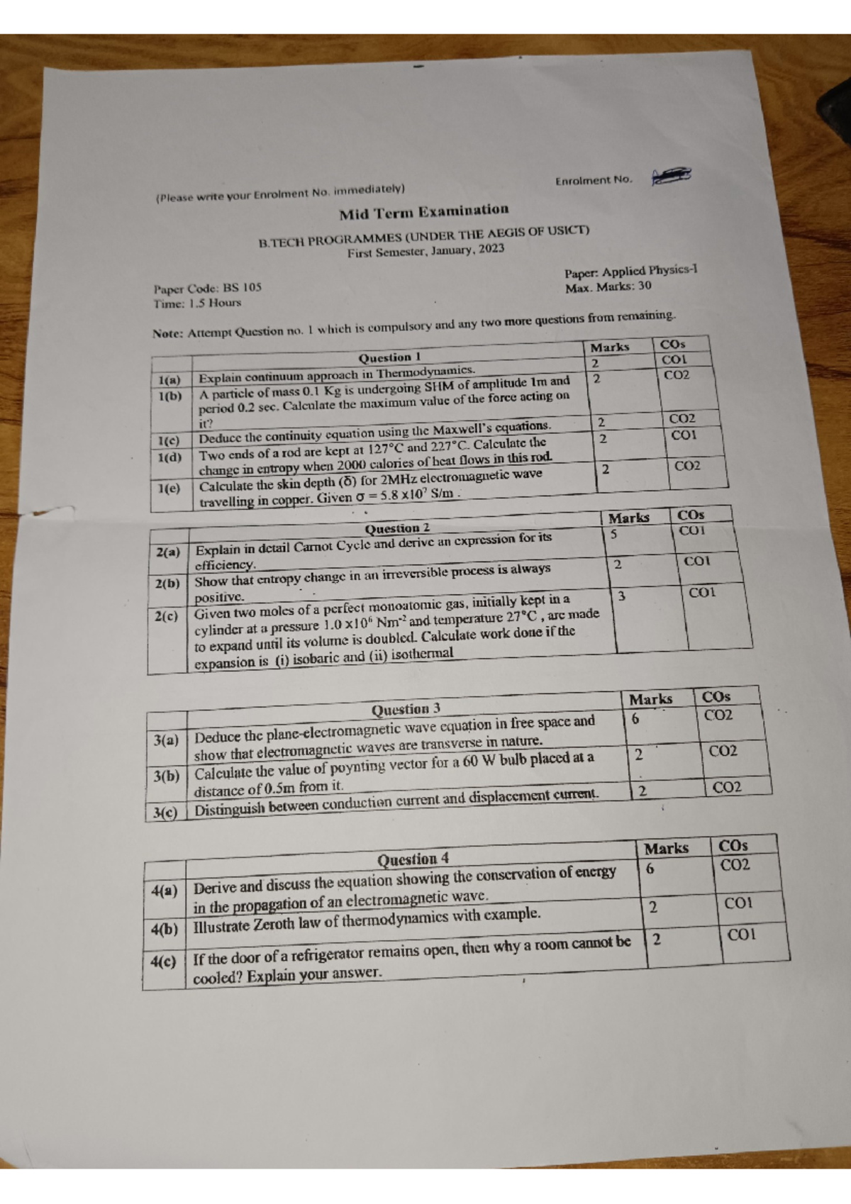 Ap1 - PAPER AP1 - (Please write your Enrolment No. immediately ...