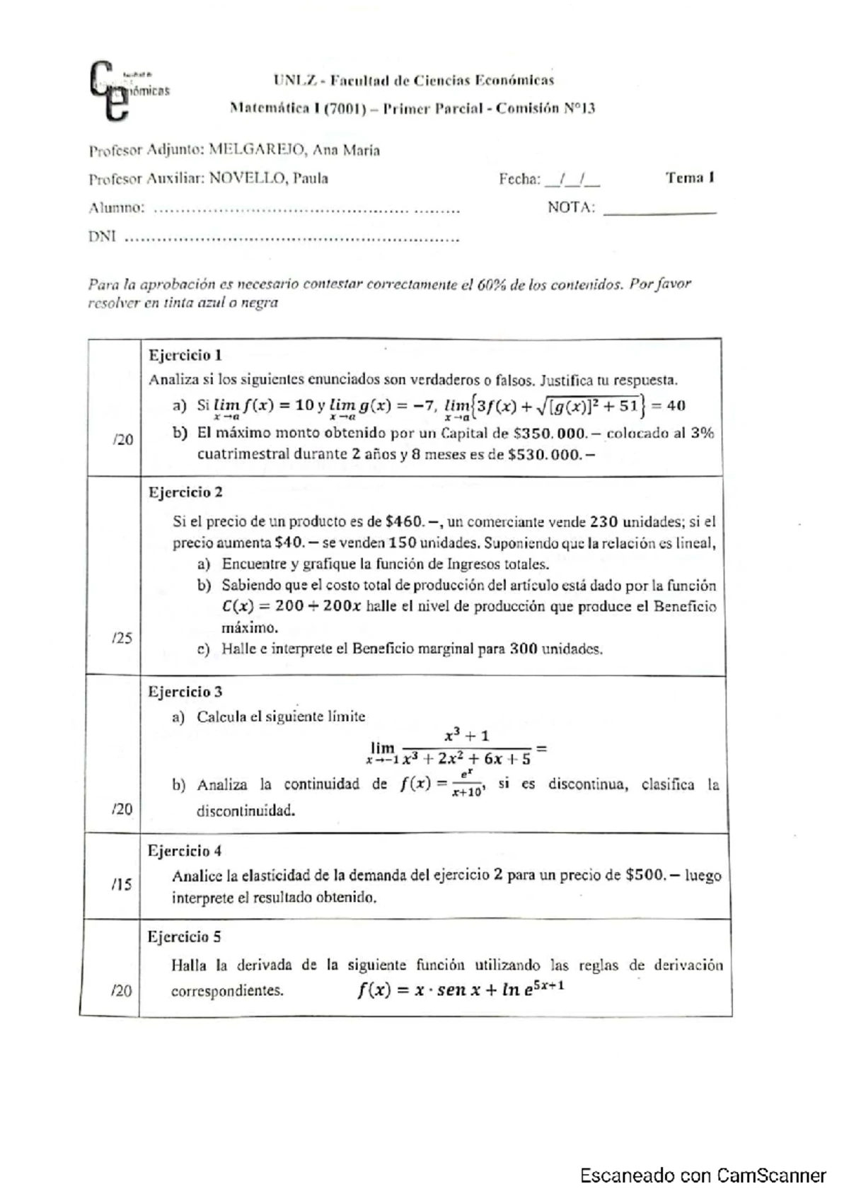 Matemática I (7001) Primer Parcial - Ejercicios y Análisis de Funciones ...