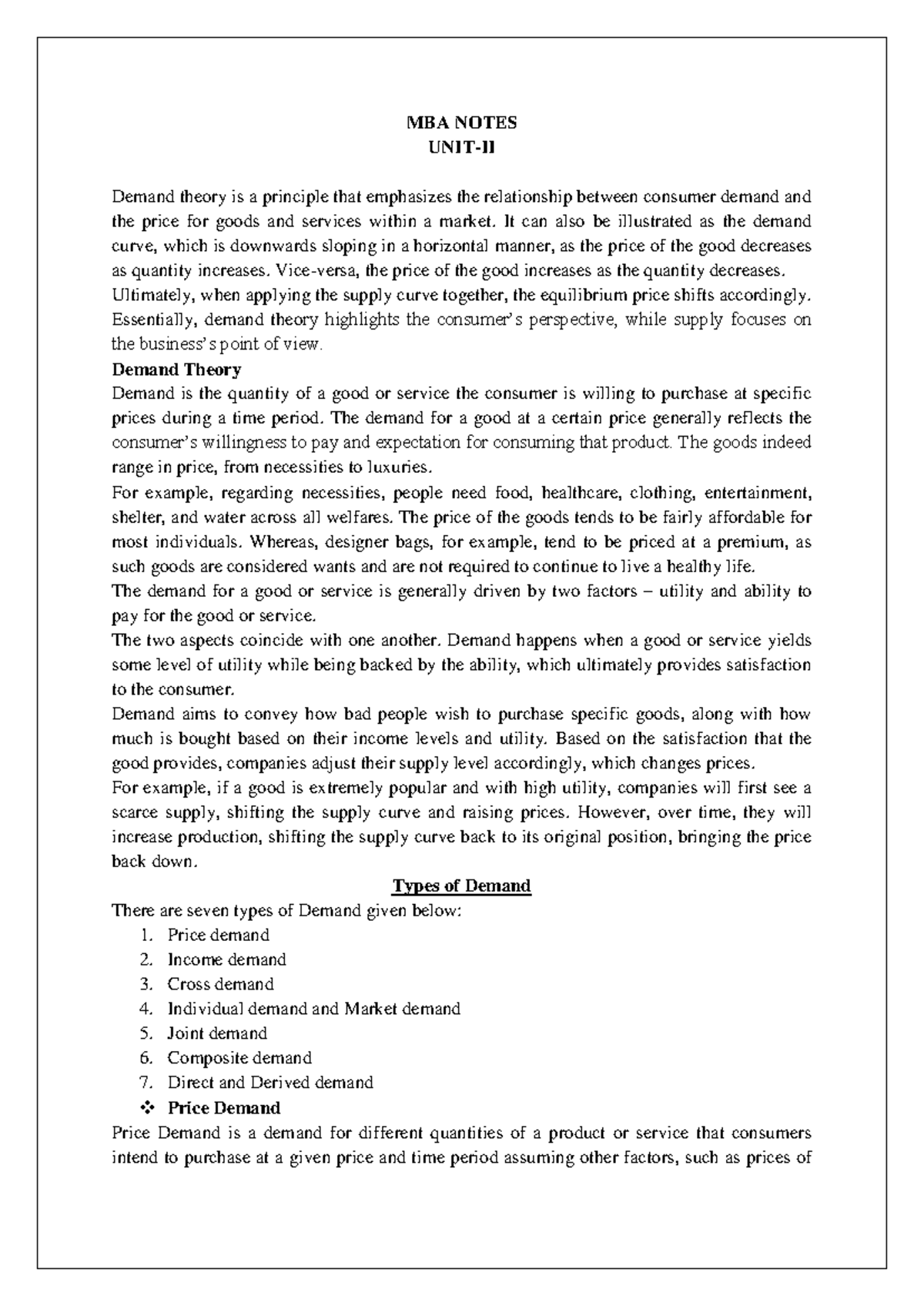 MBA NOTES: Demand Theory and Its Applications in Market Analysis - Studocu
