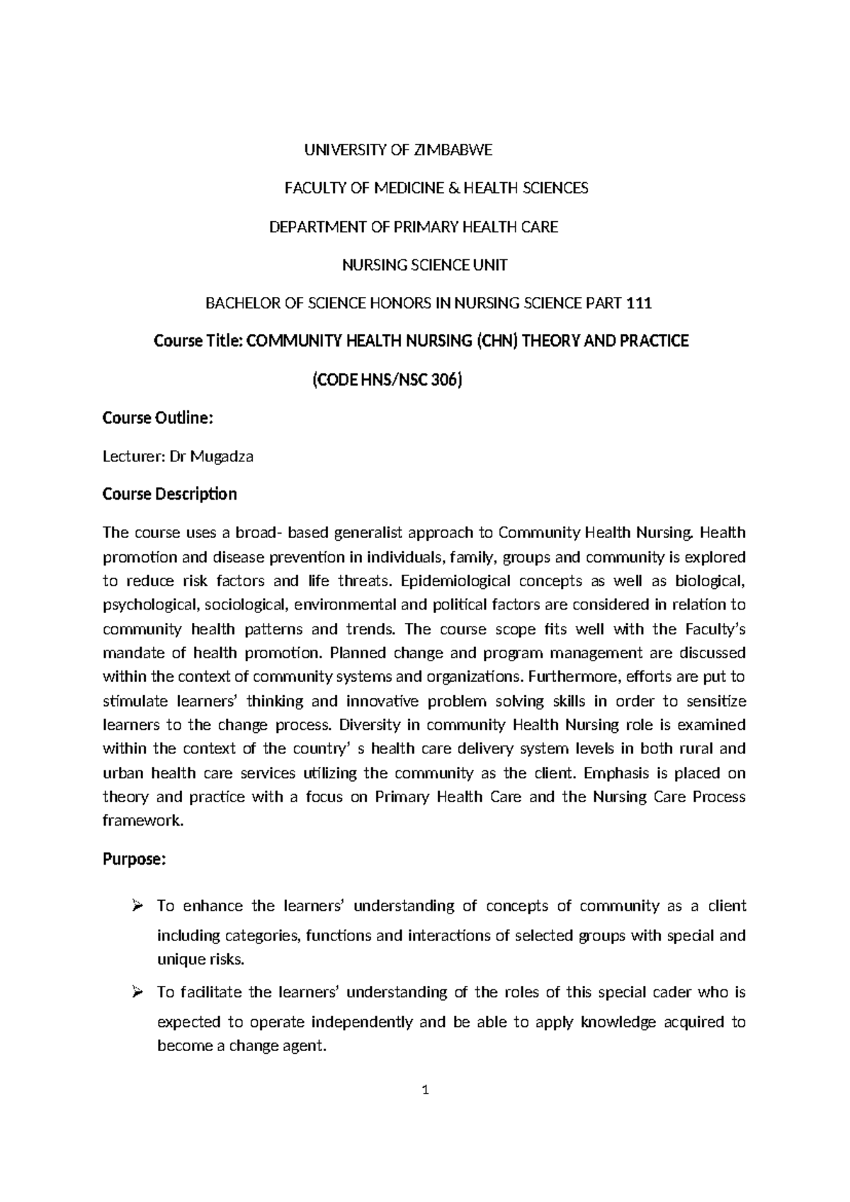 Revised Course Outline for Community Health Nursing (NSC306) - 2023 ...