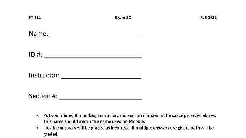 ST 311 Exam 1C Fall 2025 Study Guide and Key - Studocu