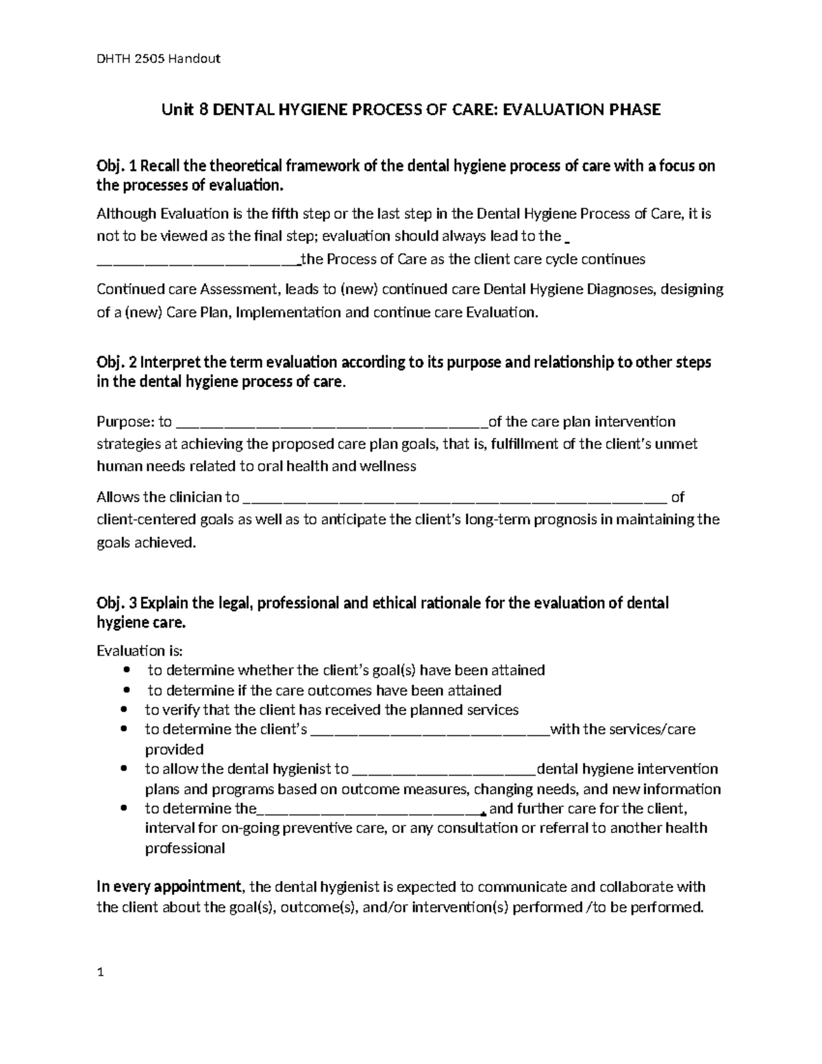 DHTH 2505 Handout: Unit 8 - Evaluation Phase in Dental Hygiene Care ...